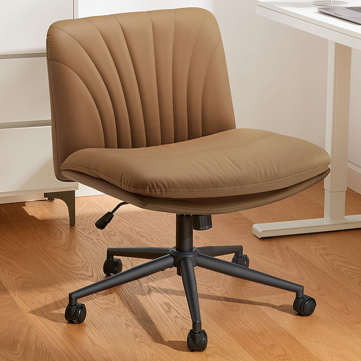 Marsail Armless-Office Desk Chair With Wheels: Pu Leather Cross Legged Wide Chair,Comfortable Adjustable Swivel Computer Task Chairs For Home,Office,Make Up,Small Space,Bed Room, Brown