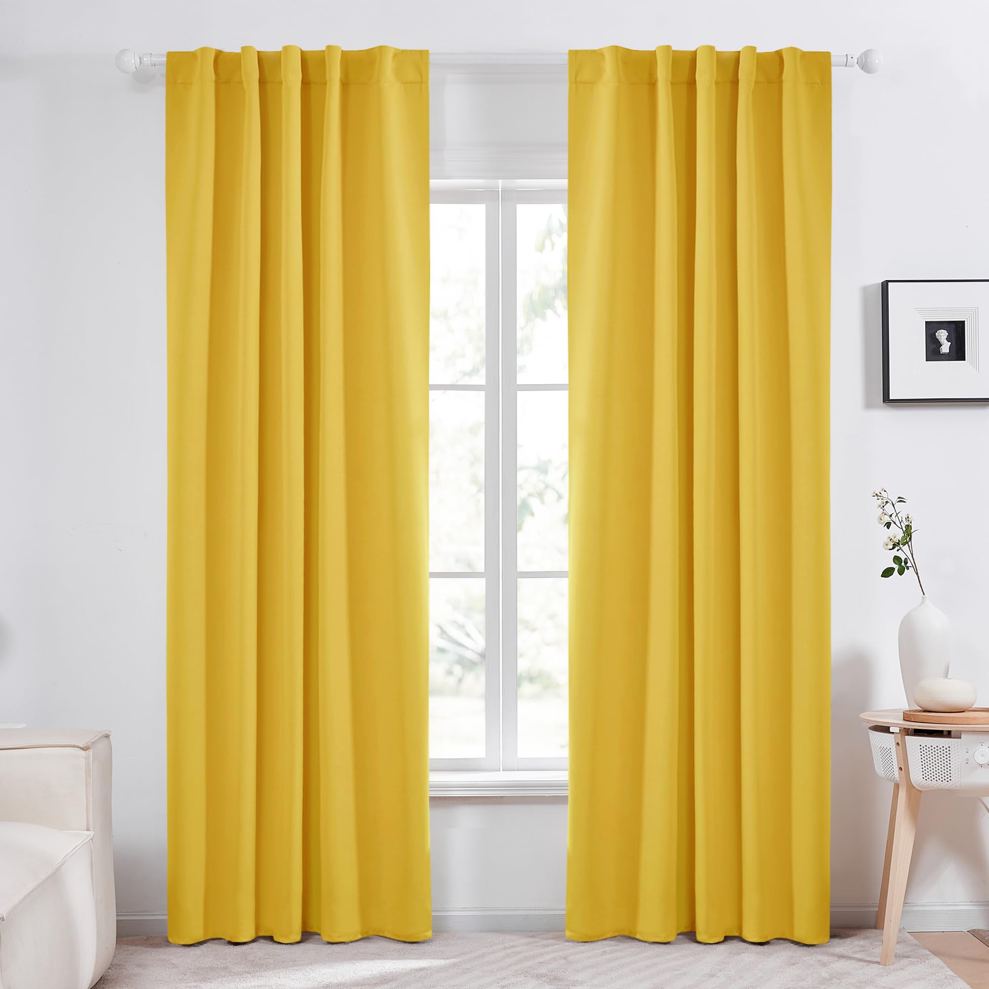 Deconovo Back Tab And Rod Pocket Blackout Curtains For Living Room - 42Wx84L Inch, Mellow Yellow, 2 Panels, Thermal Insulated Li
