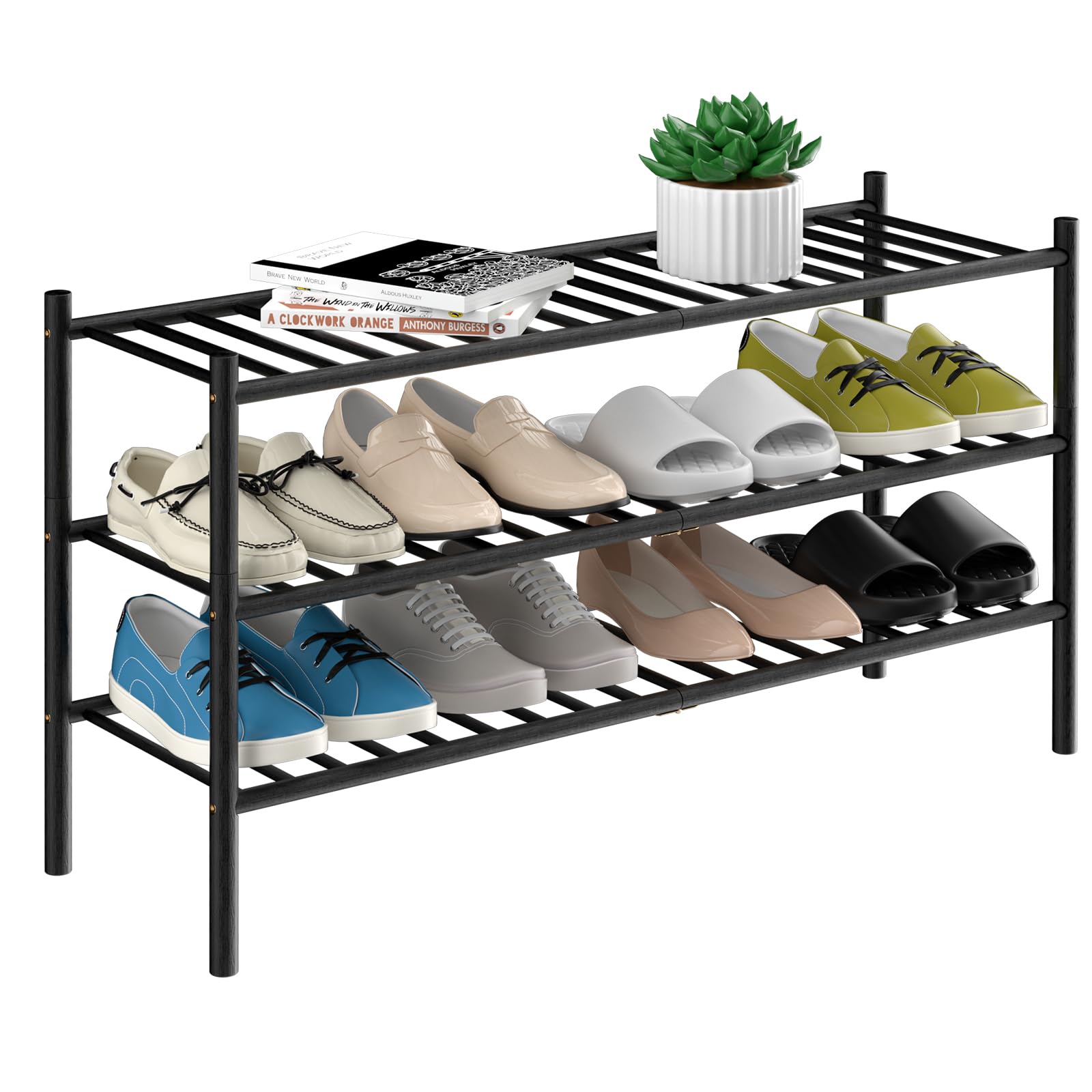 Romguar Craft 3-Tier Bamboo Long Shoe Rack, Free Standing Wood Shoe Shelf Storage Organizer For Closet Entryway Stackable 35'X11'X20' (Black)