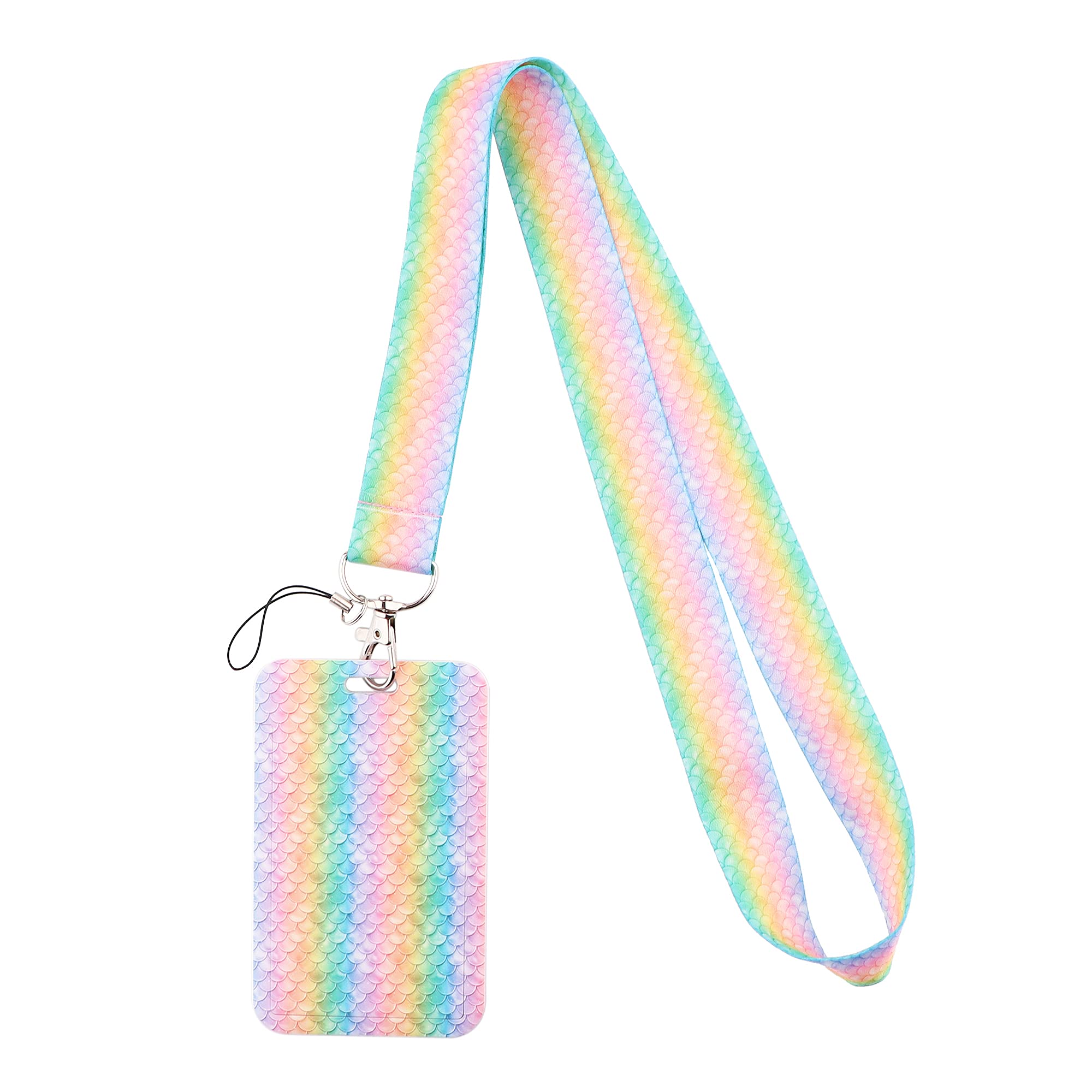 Kids Lanyard With Id Holder Cute Neck Strap Key Lanyard For Girls - Boho Rainbow Mermaid
