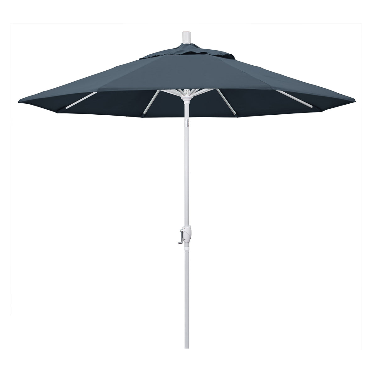 California Umbrella 9' Round Aluminum Market Umbrella, Crank Lift, Push Button Tilt, White Pole, Pacifica Sapphire