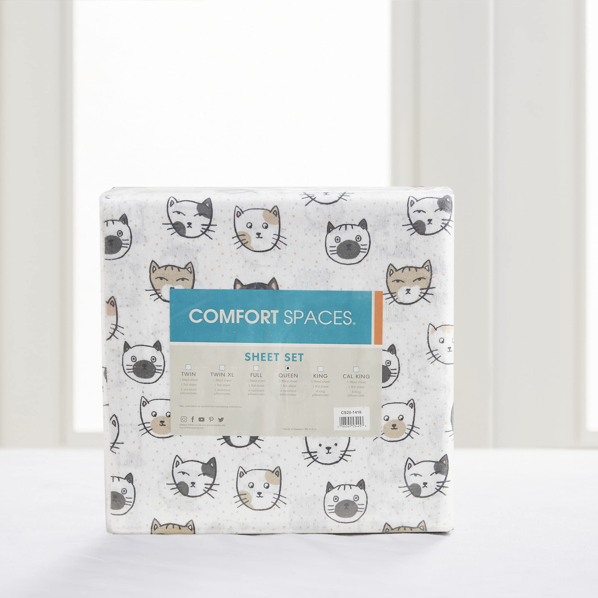 Comfort Spaces Cotton Flannel Breathable Warm, Deep Pocket Sheets With Pillow Case Bedding, Queen, Grey/Pink Cats 4 Piece
