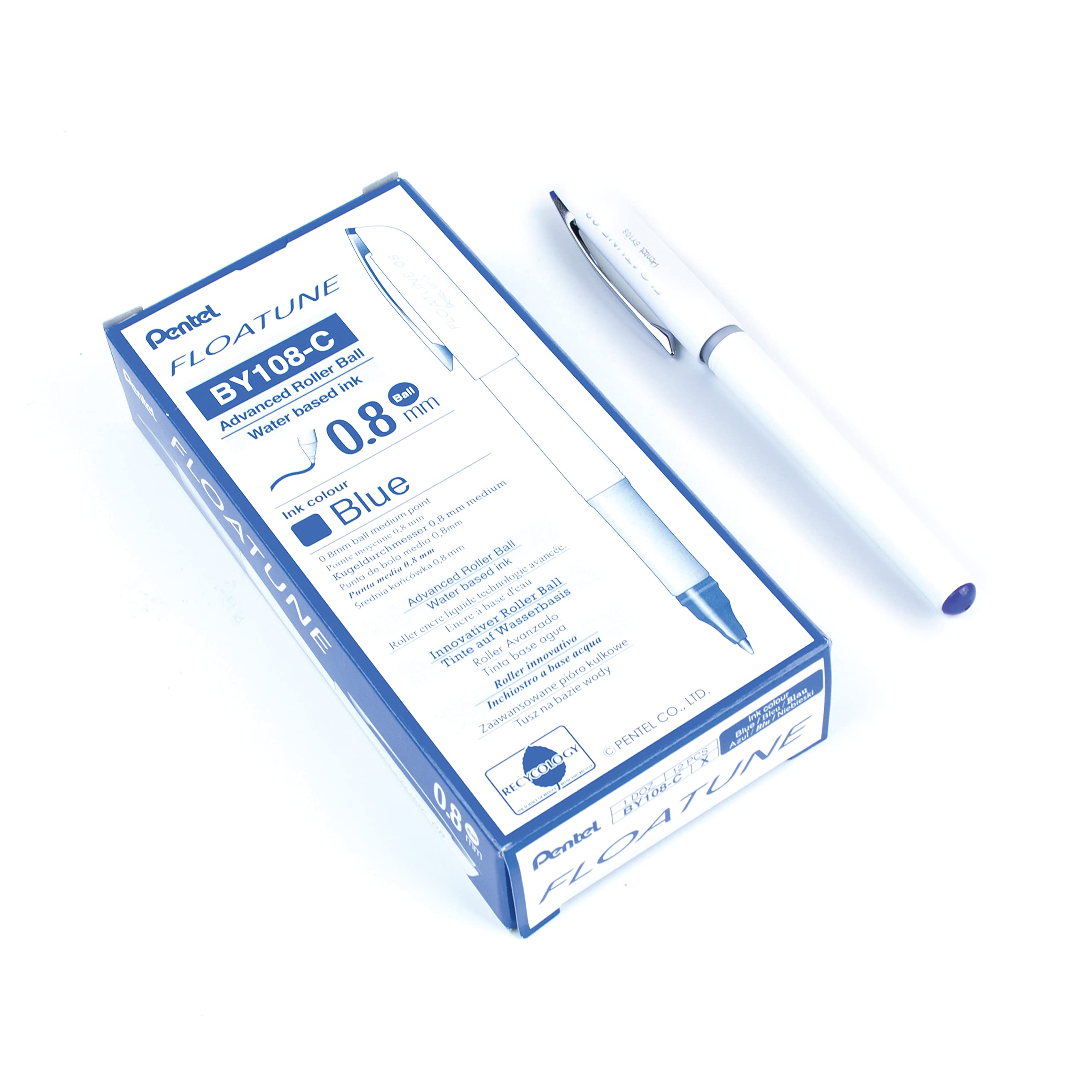 Pentel Floatune Rollerball, 0.8Mm Medium Line, Blue Ink, 12 Pack