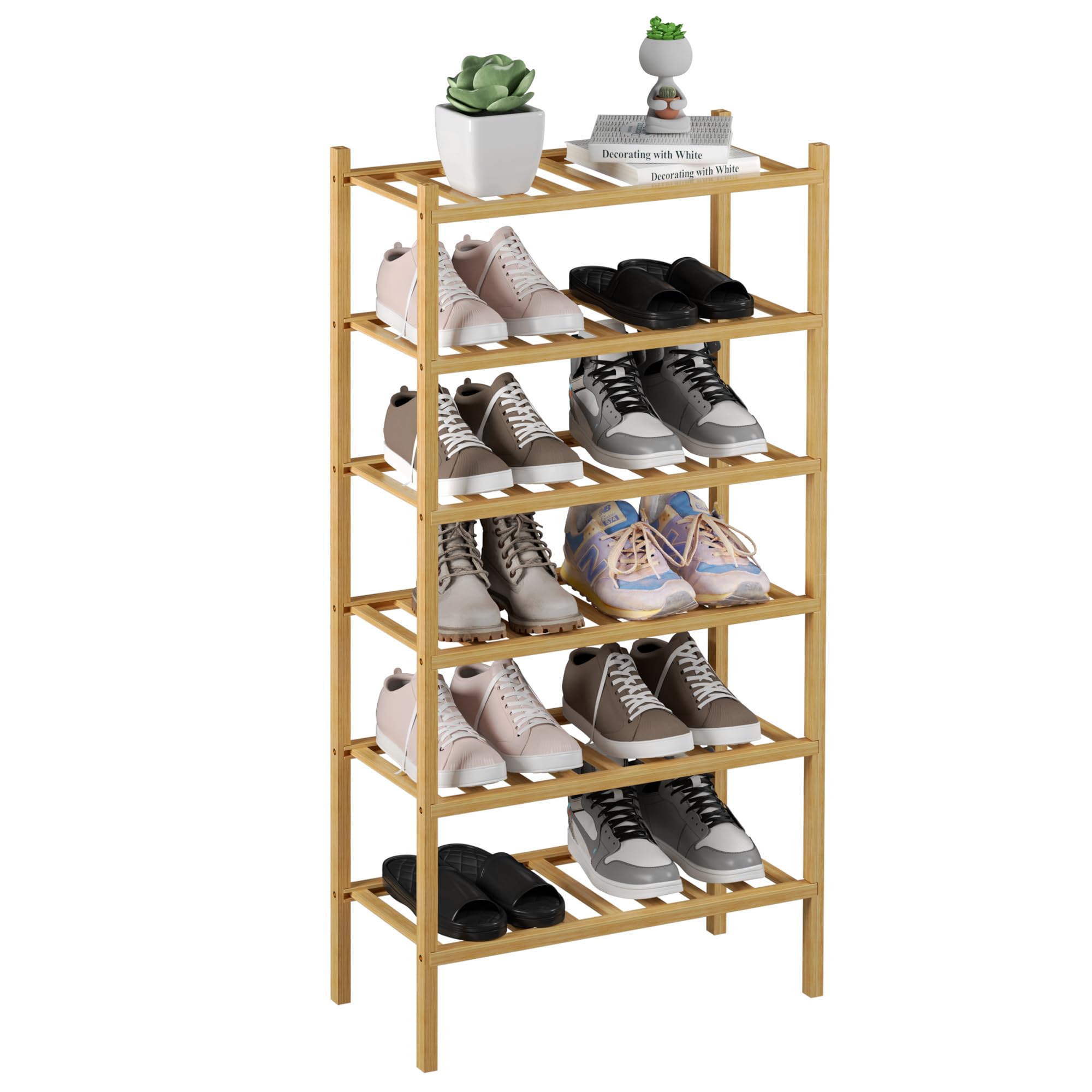 Romguar Craft 6-Tier Bamboo Small Shoe Rack, Free Standing Wood Shoe Shelf Storage Organizer For Closet Entryway Stackable (Natural)