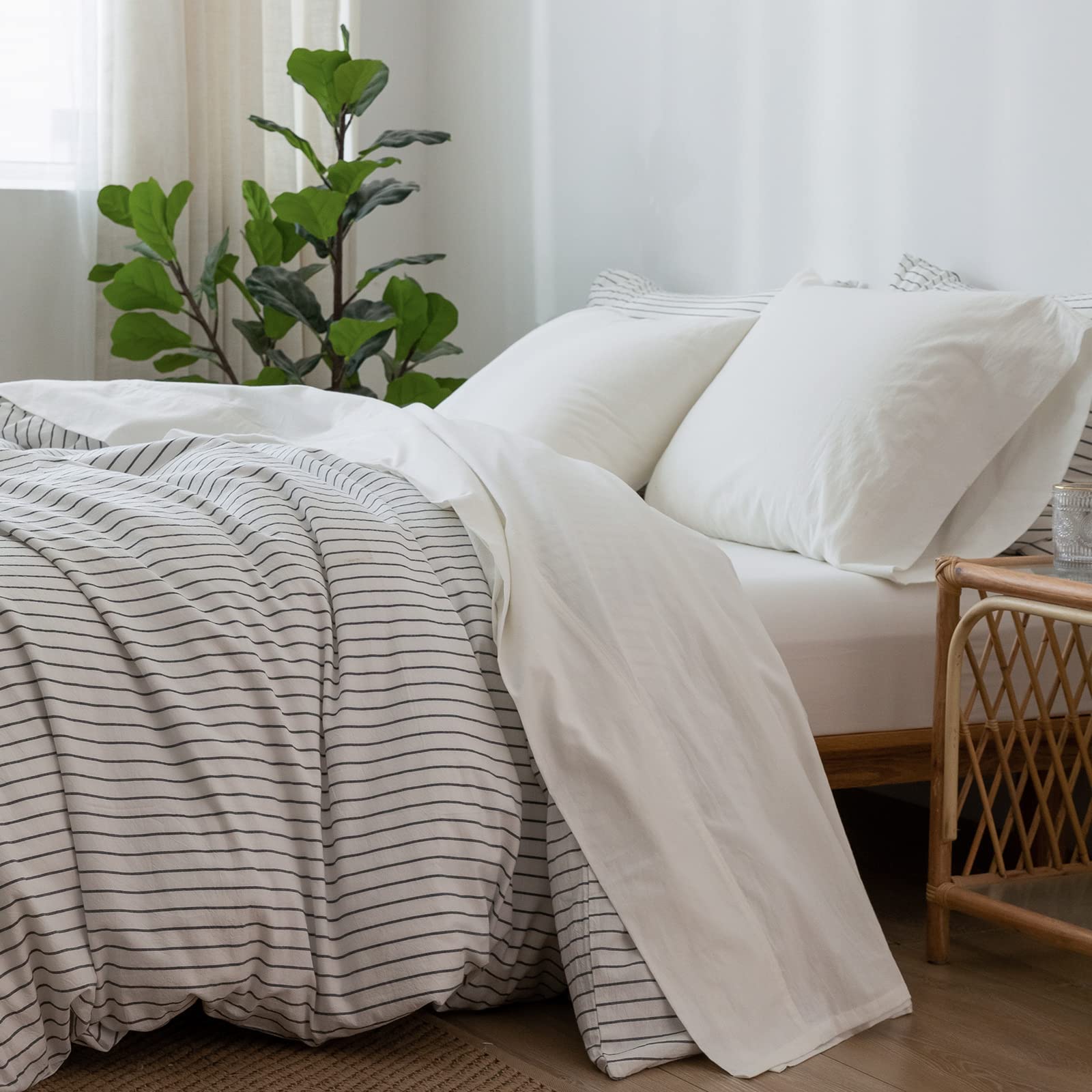 Moomee Bedding Sheet Set 100% Washed Cotton Linen Like Textured Breathable Durable Soft Comfy (Off White, California King)