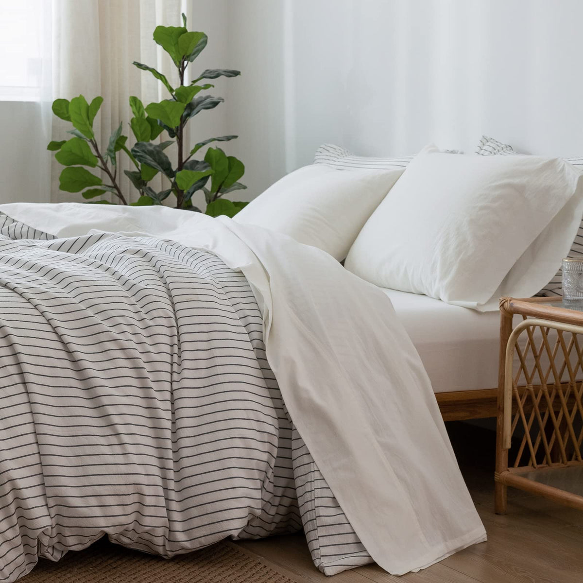 Moomee Bedding Sheet Set 100% Washed Cotton Linen Like Textured Breathable Durable Soft Comfy (Off White, Full)