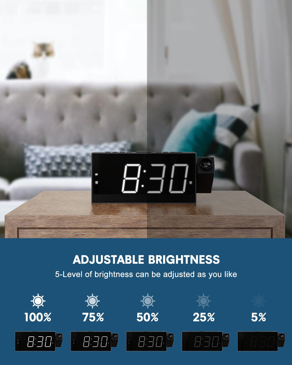 Projection Alarm Clock On Ceiling,Digital Clock For Bedroom With Battery Backup,7   Large Display,Usb Charger,Dimmer,180 Rotatab