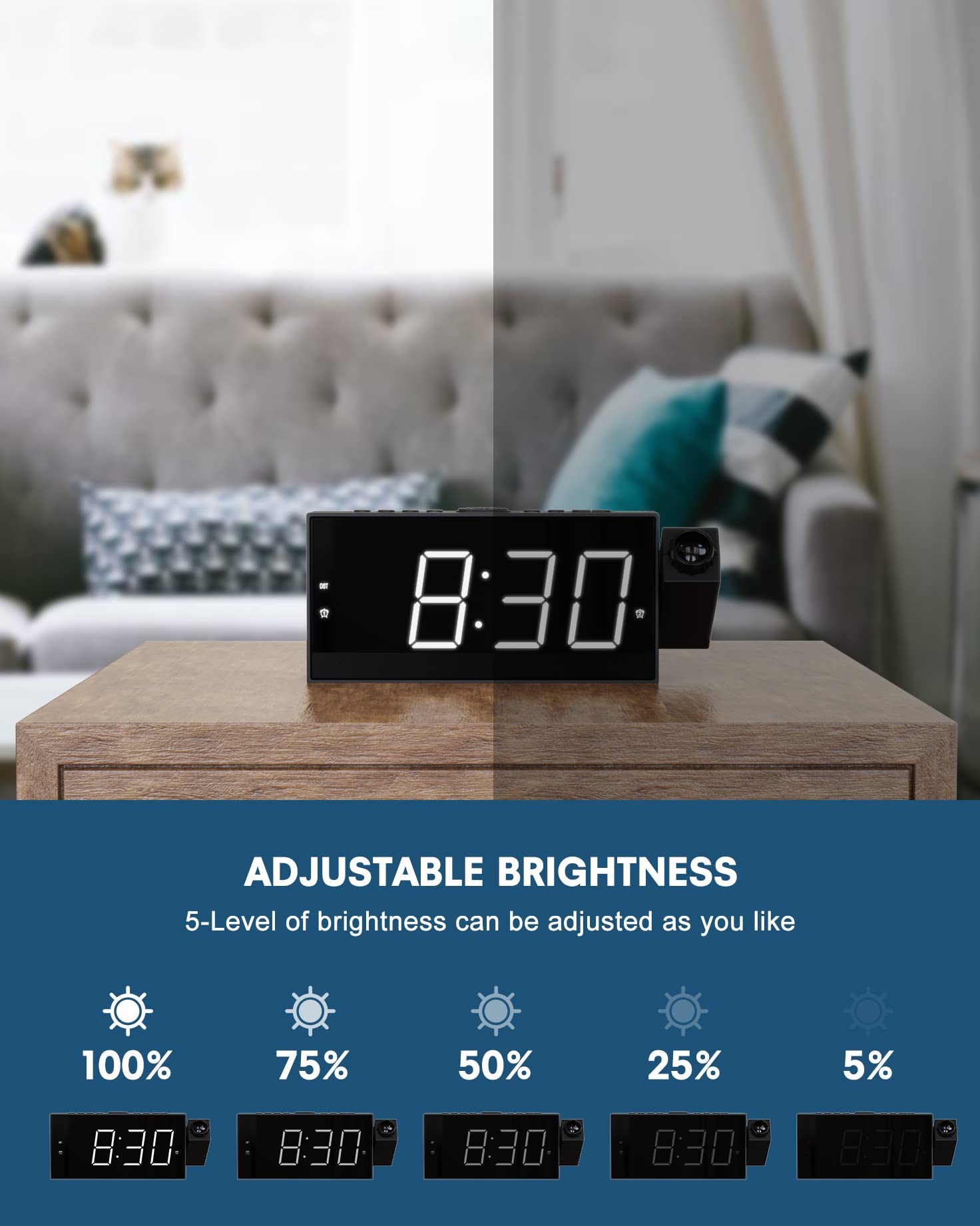 Projection Alarm Clock On Ceiling,Digital Clock For Bedroom With Battery Backup,7   Large Display,Usb Charger,Dimmer,180 Rotatab