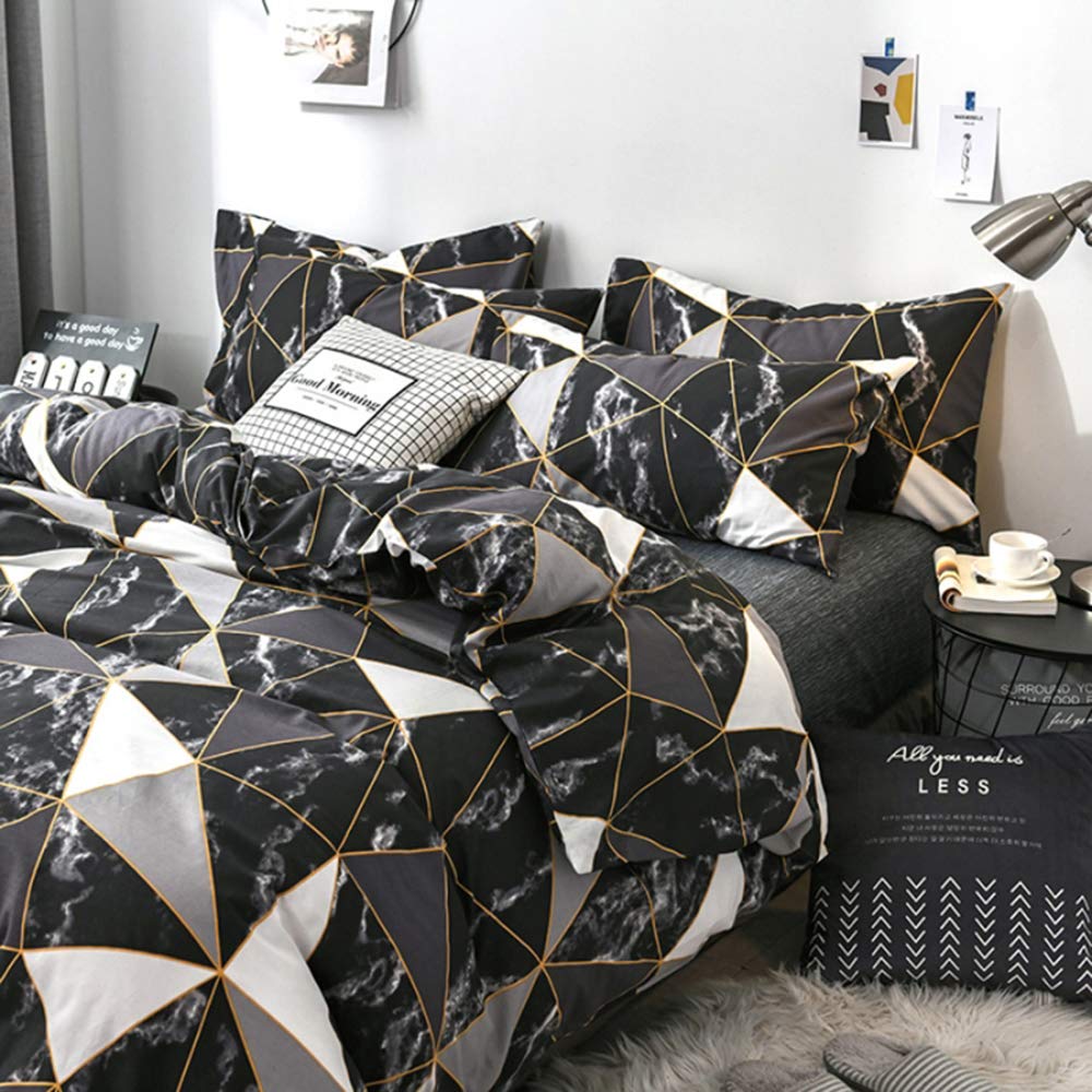 Clothknow Black Marble Comforter Sets California King Triangle Geometric Bedding Comforter Sets Cal King Bedding Black Grey White Bed Comforter 3Pcs Black White Comforter Cal King