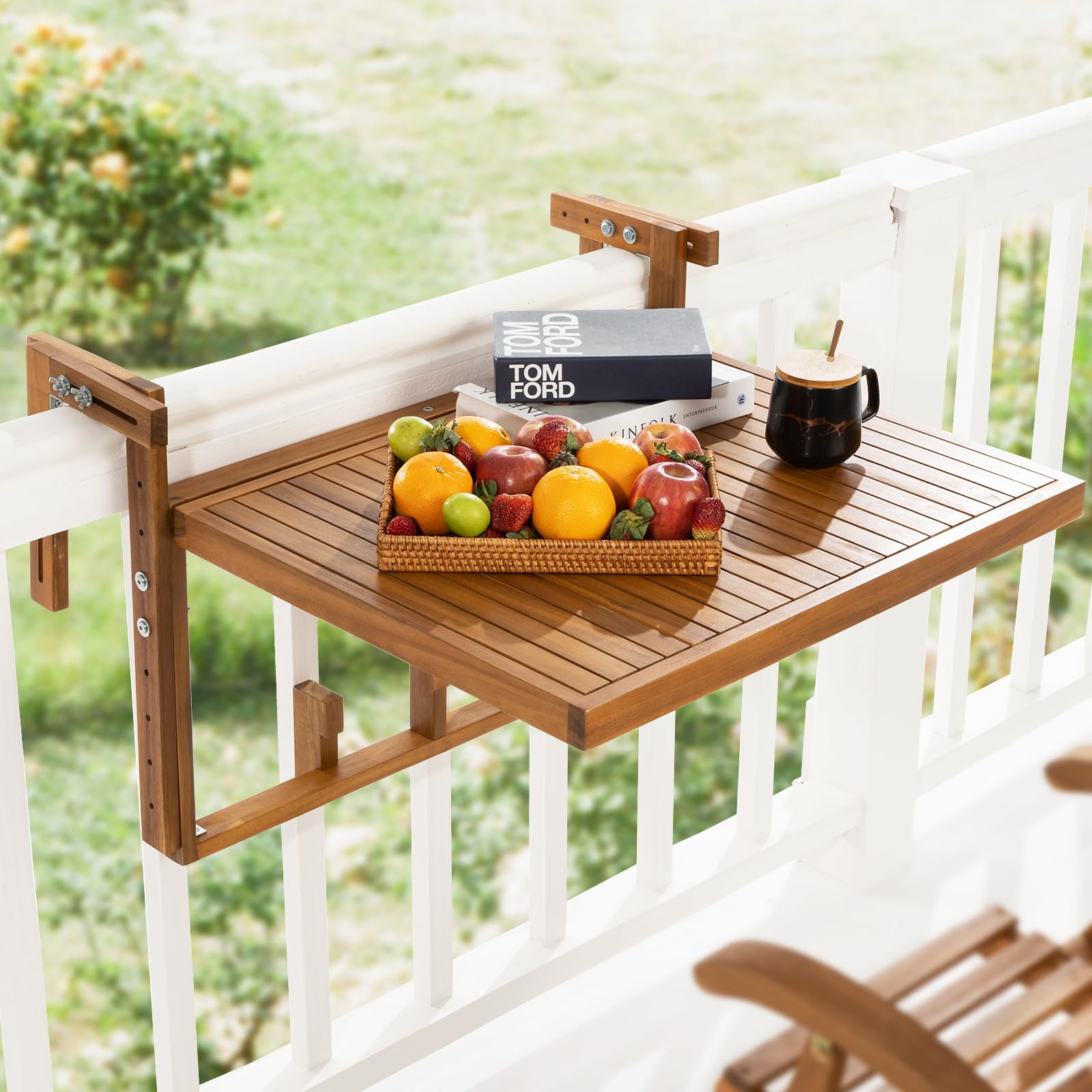 Idzo FSC Acacia Wood Folding Balcony Bar Table for Railings, Adjustable Height & Width, Teak Brush Finish Durable Against Weathe
