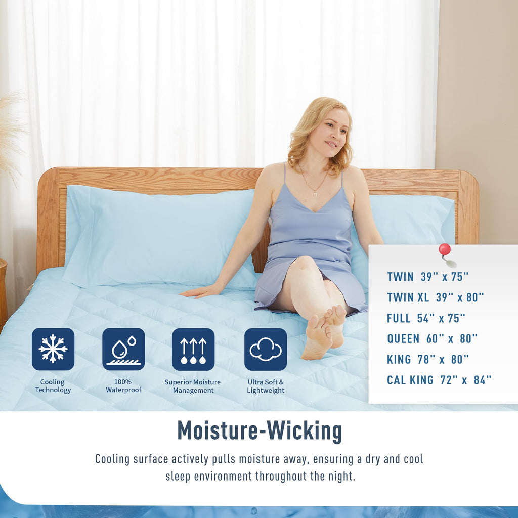 HOMTEC Queen Mattress Pad - Fitted Cooling & Breathable Deep Pocket (18-22") - Crystal Blue for Hot Sleepers, Model BCWQMPC