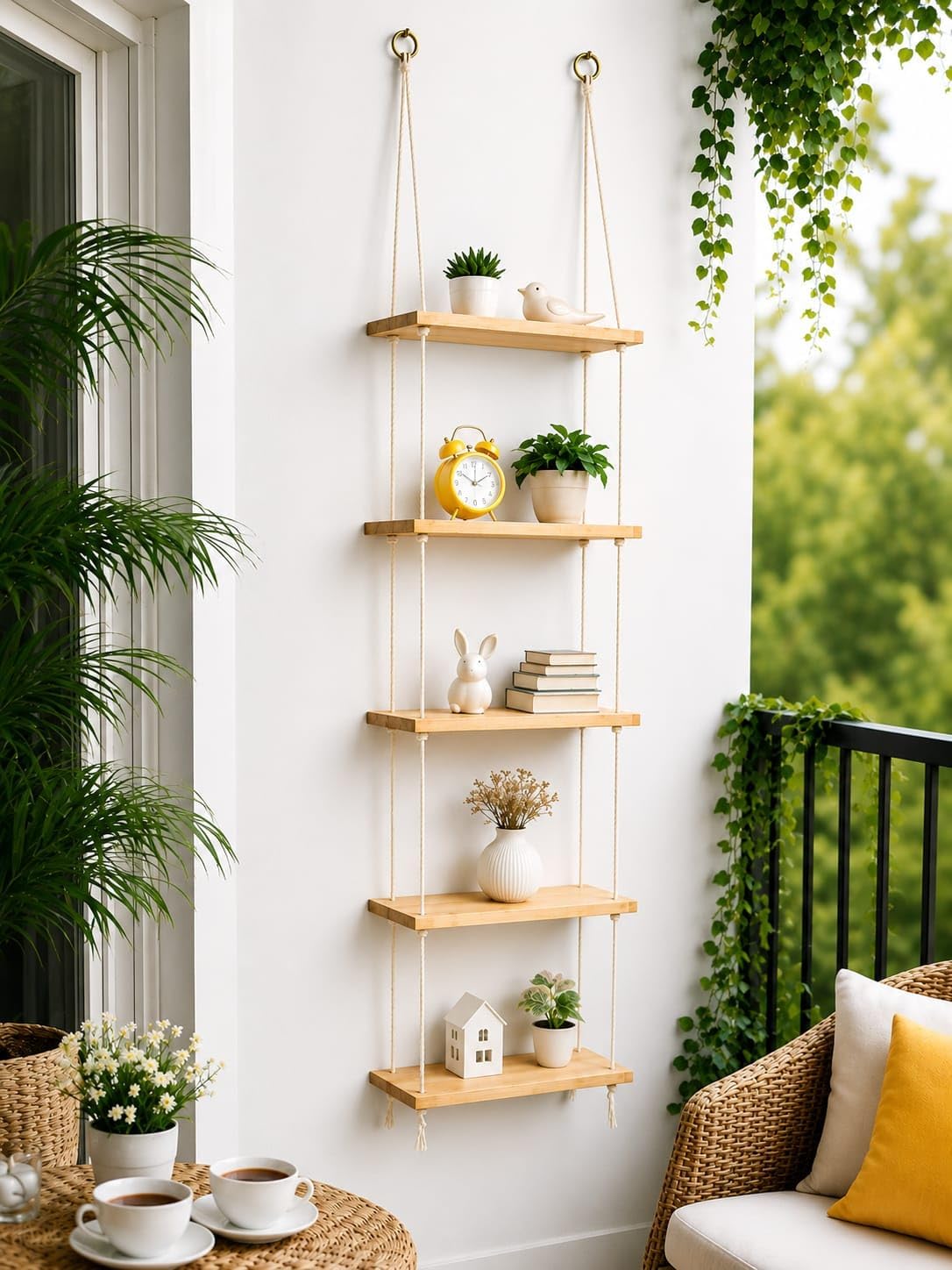 Ganvia 5Tier Hanging Wall Shelf  Wooden Rope Ladder Shelf For Plants, Books & Home Decor | Rustic Wall Mounted Storage Organiz