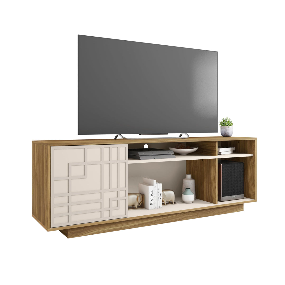 Techni Mobili Contemporary Tv Stand For Screen Tvs Up To 70” When Measured Diagonally – Modern Tv Stand With Rich Black Or Natural Wood Finish With Patterned Storage Cabinet And Open Shelves