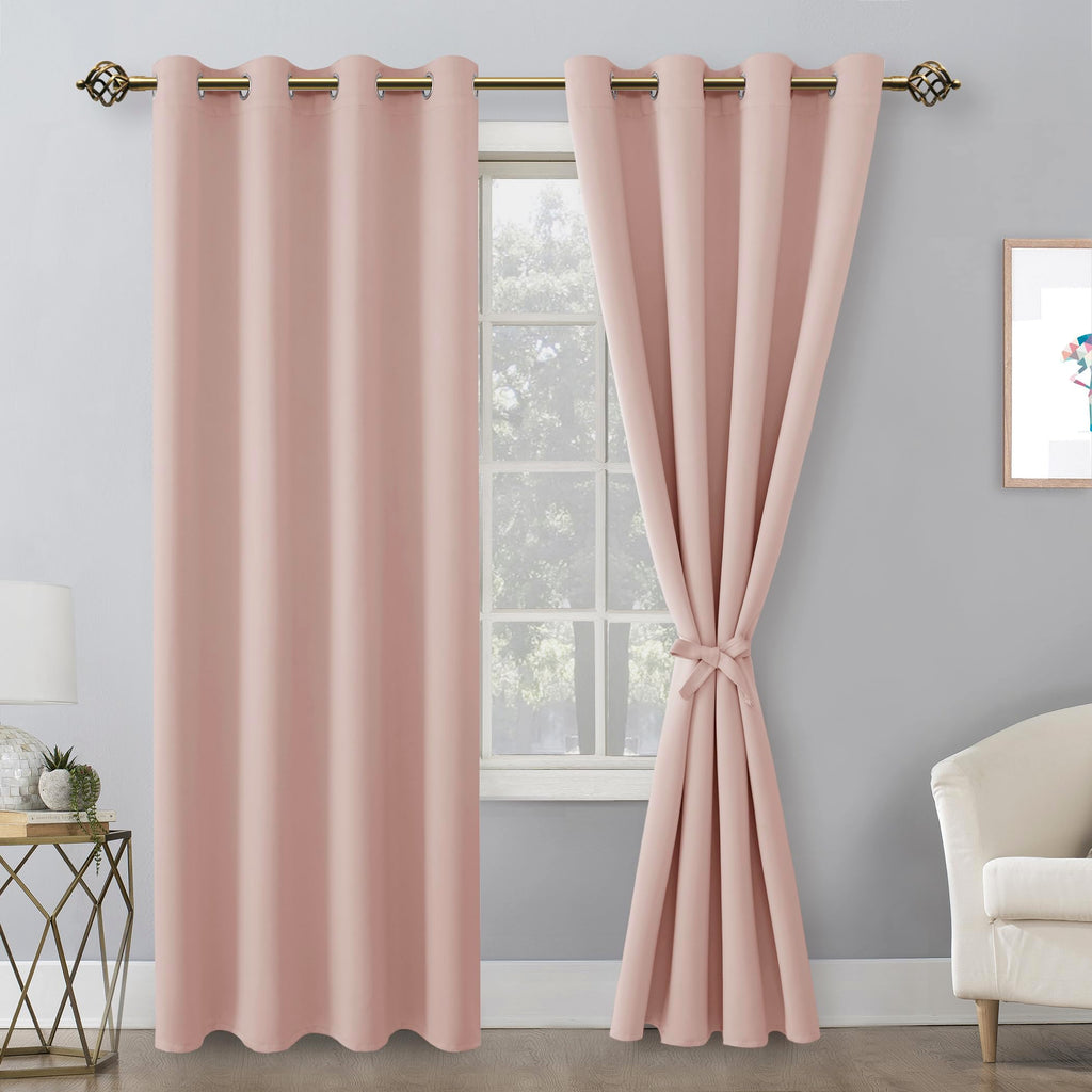 Hiasan Blackout Curtains For Bedroom, 52 X 84 Inches Long - Thermal Insulated Light Blocking Window Curtains For Living Room, 2 Drape Panels Sewn With Tiebacks, Blush