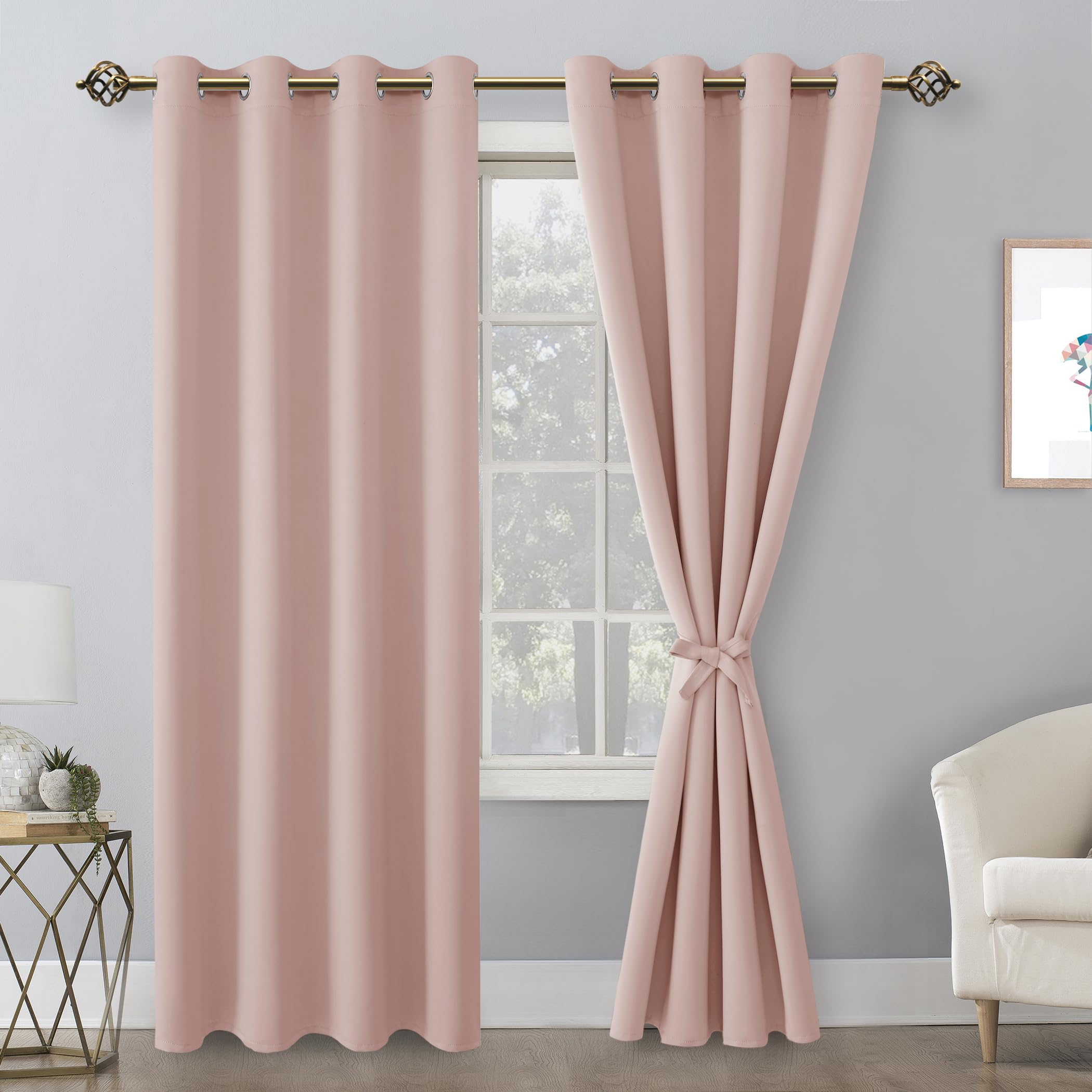 Hiasan Blackout Curtains For Bedroom, 52 X 84 Inches Long - Thermal Insulated Light Blocking Window Curtains For Living Room, 2 Drape Panels Sewn With Tiebacks, Blush