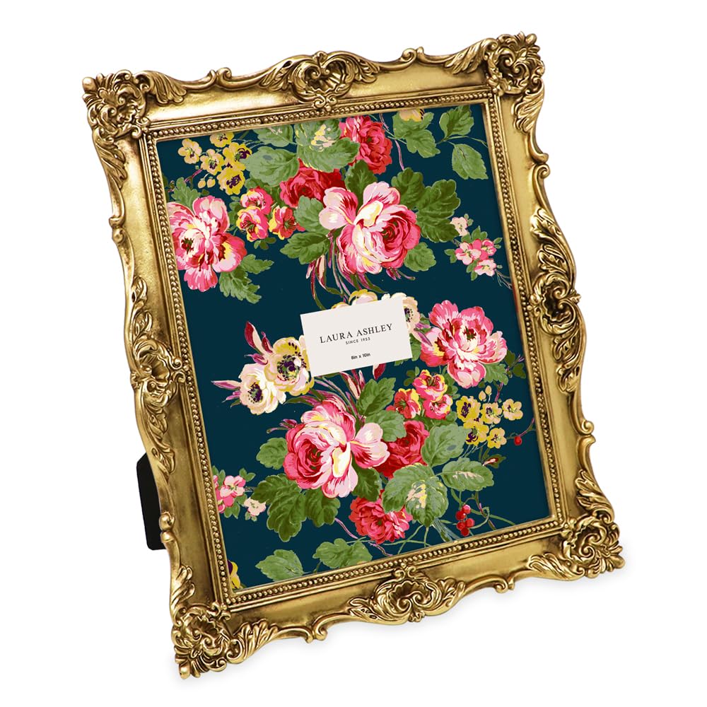 Laura Ashley 8x10 Gold Ornate Textured Hand-Crafted Resin Picture Frame with Easel & Hook for Tabletop & Wall Display, Decorativ