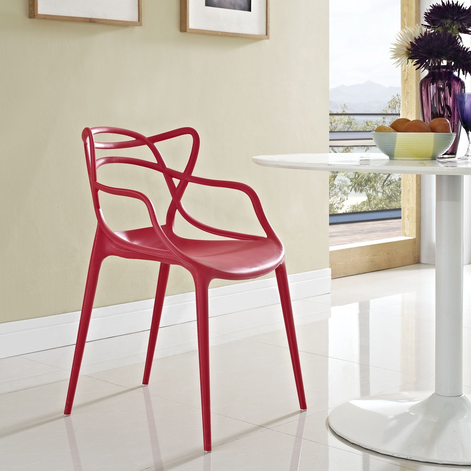 Modway Entangled Modern Molded Plastic Kitchen and Dining Room Arm Chair in Red - Fully Assembled