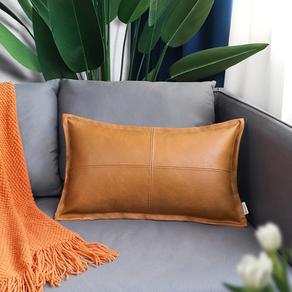 Brawarm Tan Leather Throw Pillow 12 X 20 Inches, Faux Leather Pillow Cover With Piping, Hand Stitched Leather Decorative Lumbar