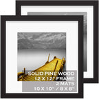 12x12 Picture Frames Black Made of Solid Wood Display Pictures 10x10 or 8x8 with Mat or 12x12 without Mat - Each 12x12 Inch Squa