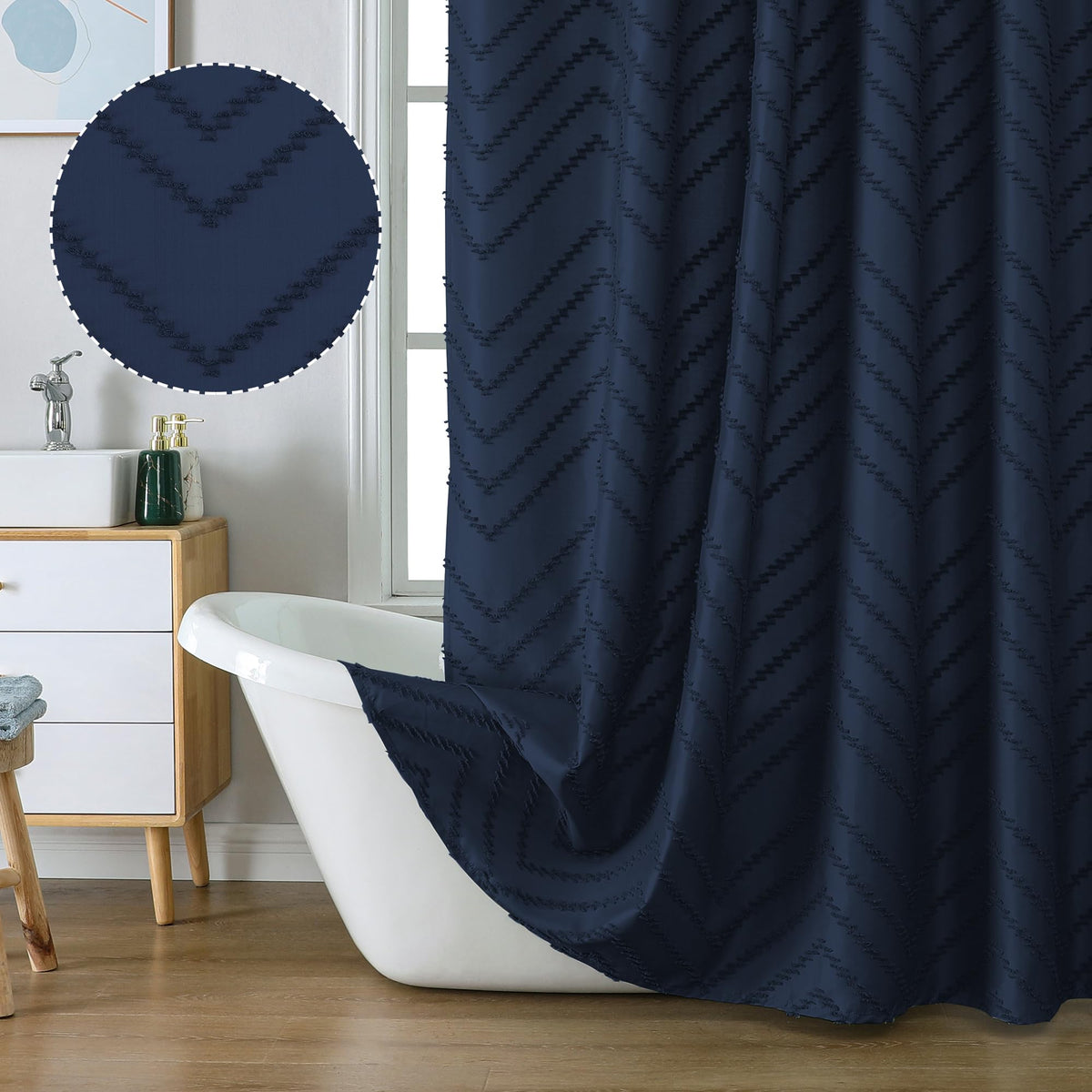Chyhomenyc Chevron Extra Long Navy Blue Boho Shower Curtain Set 72X78 Inches, Fabric Shower Curtain Modern Farmhouse Chic Textur
