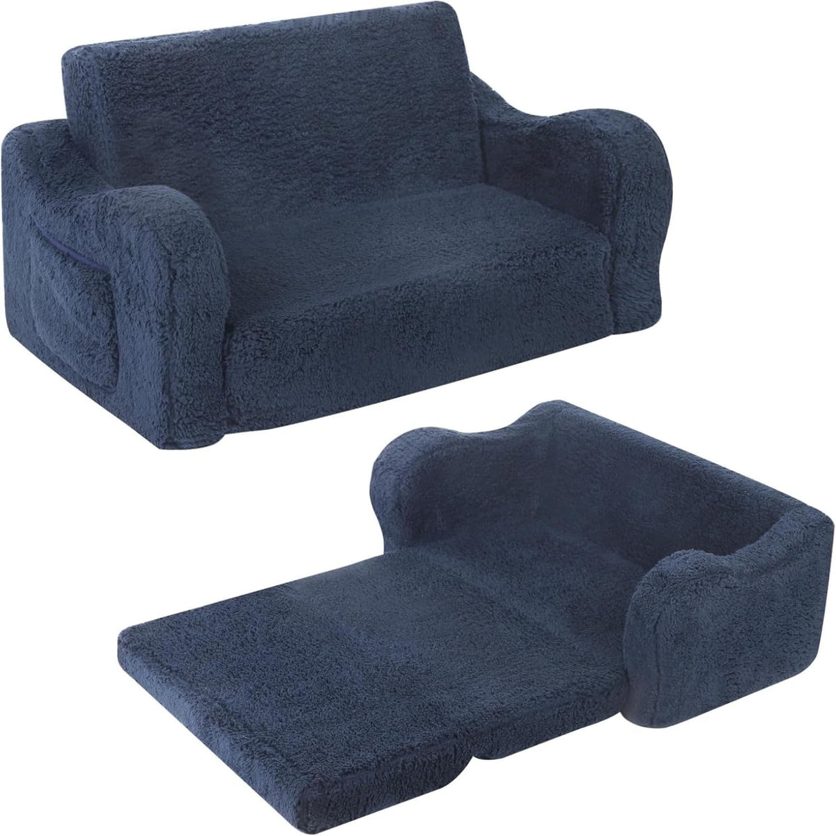 Momcaywex Kids Extra Wide Chairs For Toddler, 2-In-1 Toddler Soft Sherpa Couch Fold Out, Convertible Sofa To Lounger For Girls And Boys, Dark Blue