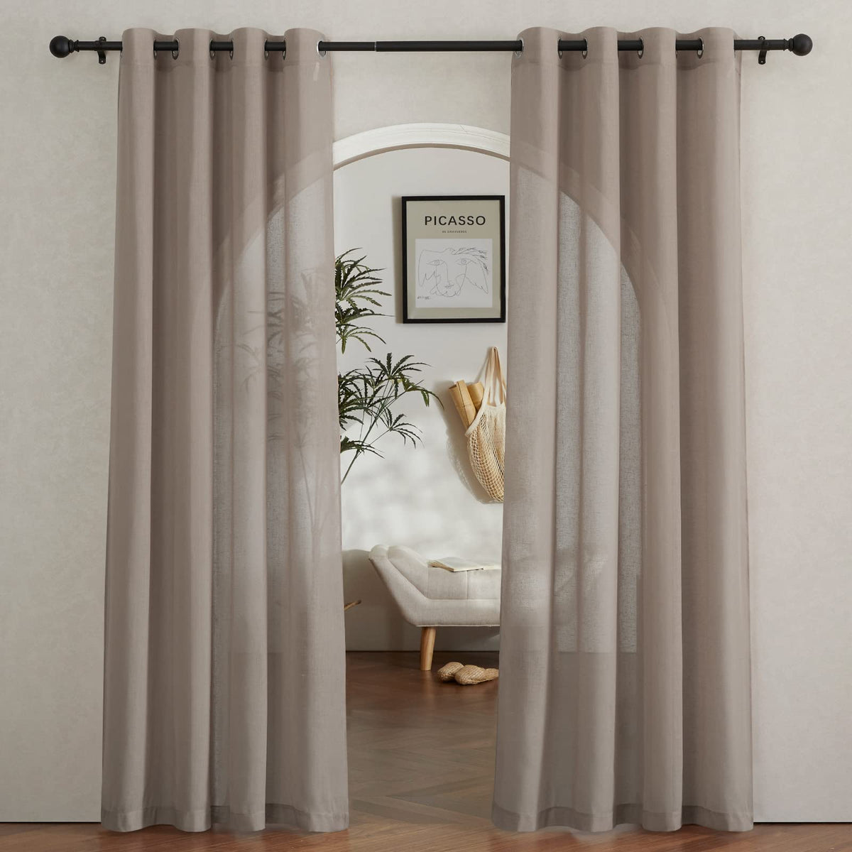 Nicetown Sheer Linen Curtains For Windows 84 Inch Length, (Burlap) Grommet Semi Sheer Balance Privacy & Light Vertical Flax Shee