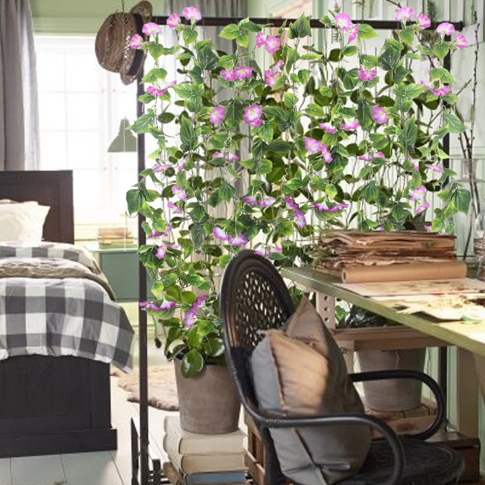 Gtidea Artificial Vines, 2Pcs 15Feet Morning Glory Hanging Plants Silk Garland Fake Green Plant Home Garden Wall Fence Stairway