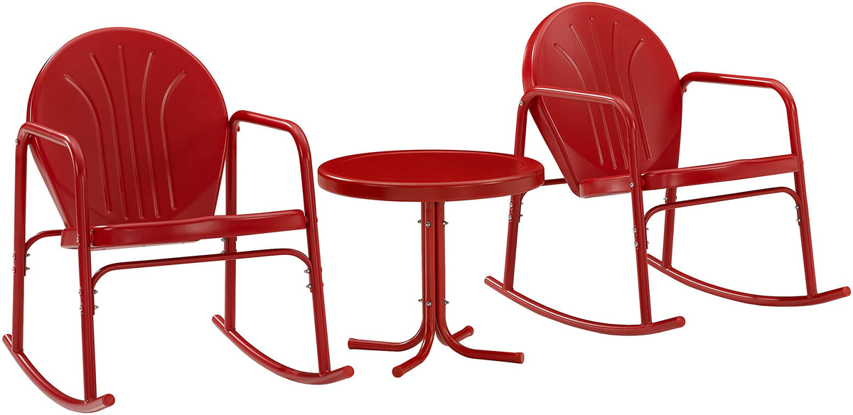 Crosley Furniture Griffith 3-Piece Outdoor Rocking Chair and Side Table Set, Retro Metal Bistro Patio Sets, Bright Red Gloss