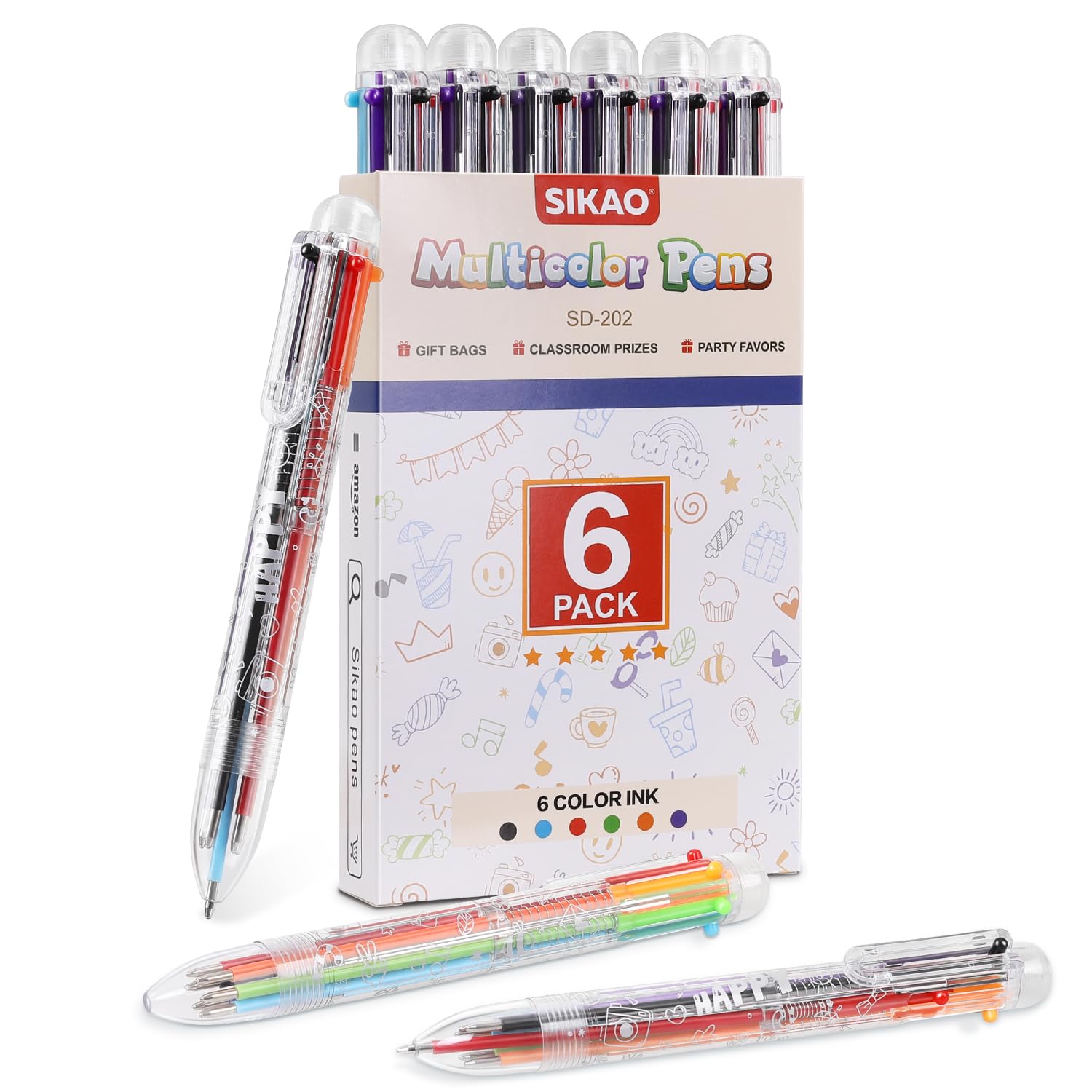 Sikao Multicolor Pens, 6 Pack Multi Color Pens All In One, 6-In-1 Ballpoint Pens, Fun Rainbow Pens, Prizes For Kids Classroom, G