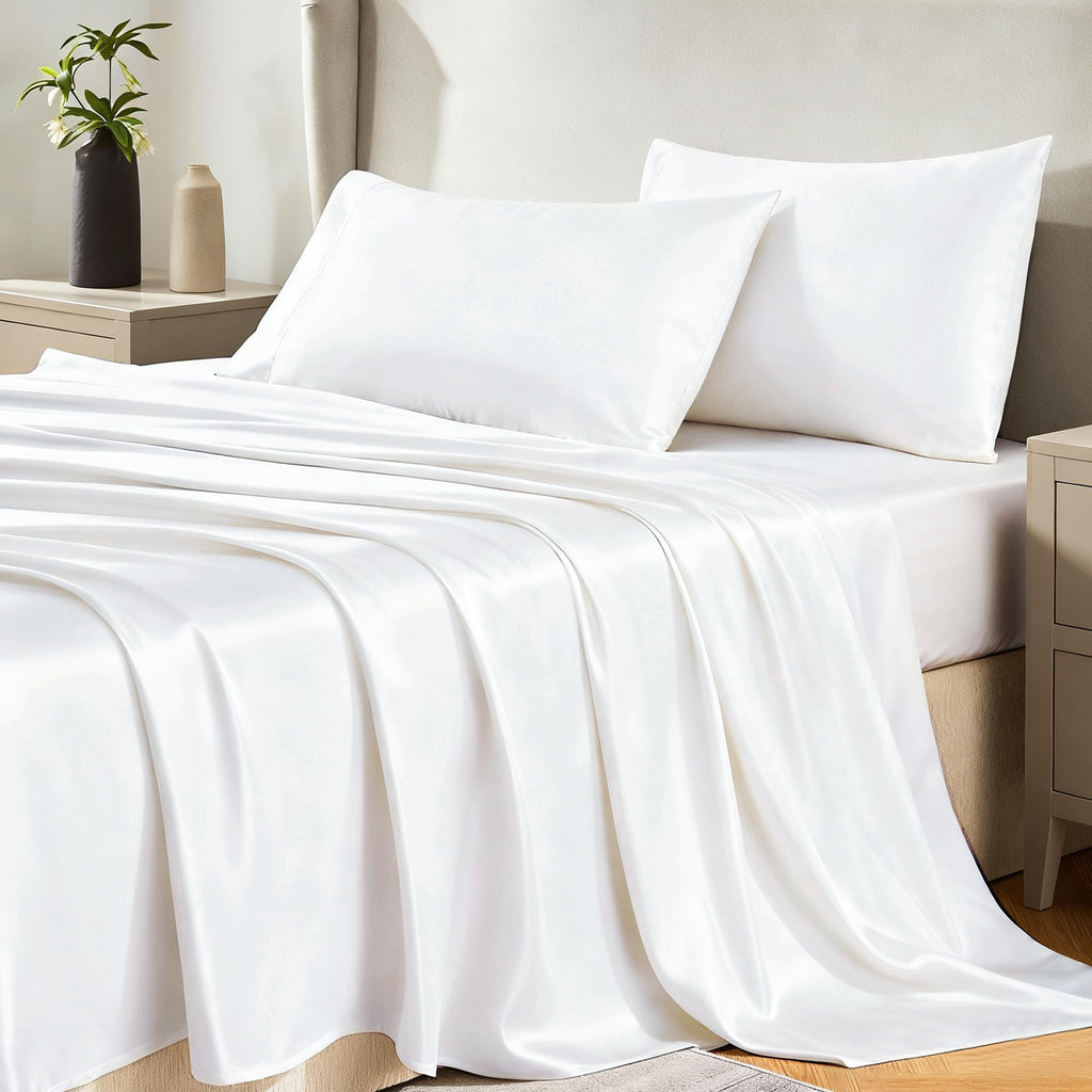 Cozylux Satin Sheets Twin Size - 3 Piece White Bed Sheet Set With Silky Microfiber, 1 Deep Pocket Fitted Sheet, 1 Flat Sheet, An