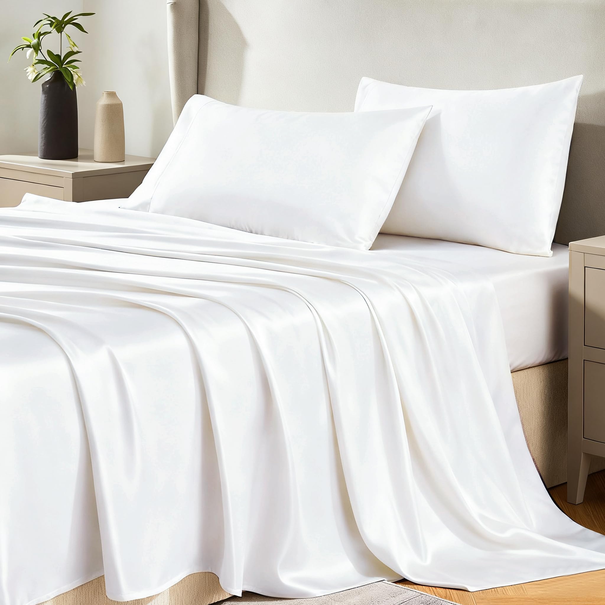 Cozylux Satin Sheets Twin Size - 3 Piece White Bed Sheet Set With Silky Microfiber, 1 Deep Pocket Fitted Sheet, 1 Flat Sheet, An