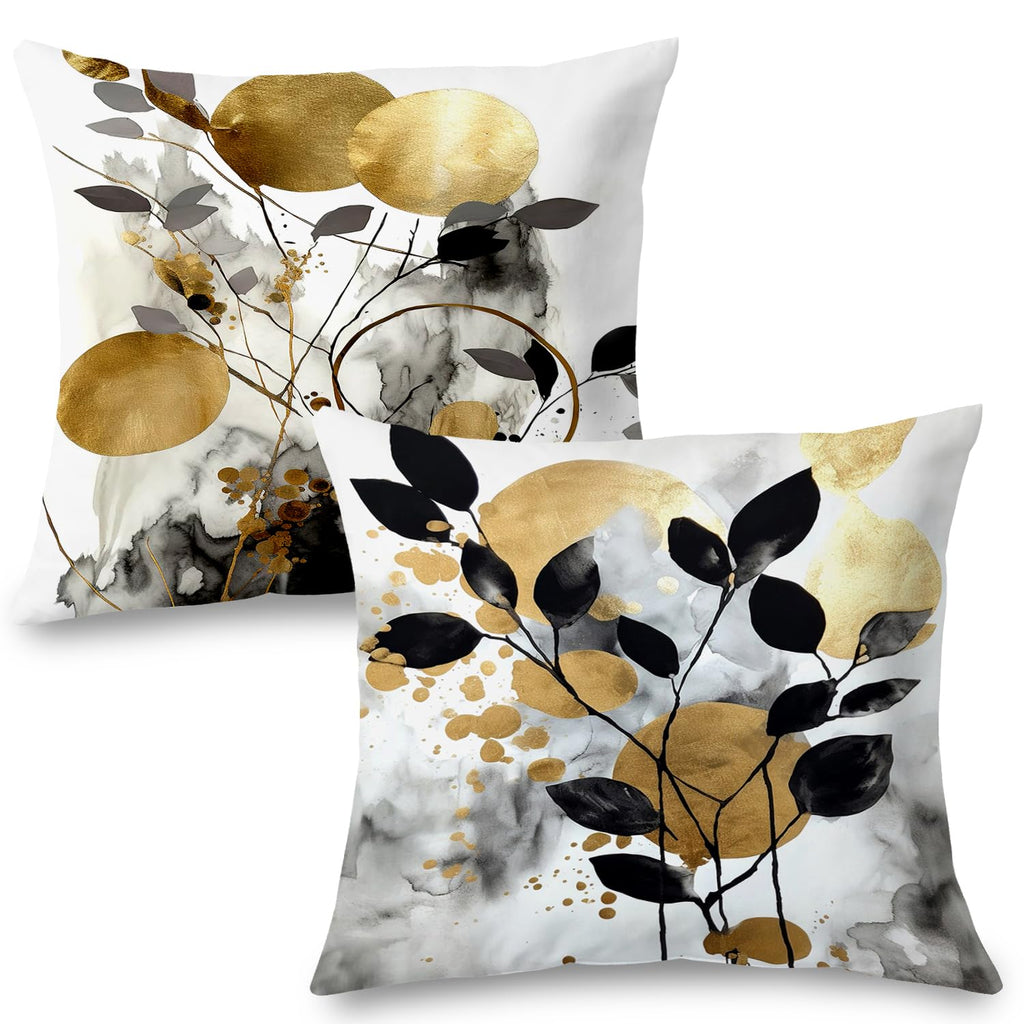 Supwhd Black And Gold Botanical Pillow Covers 18X18 Set Of 2, Abstract Modern Decorative Throw Pillow Covers For Living Room Bed