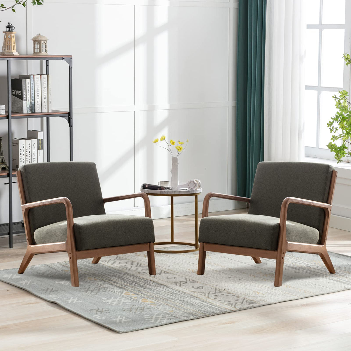 ANJHOME Mid Century Modern Accent Chairs Set of 2, Comfy Fabric Reading Chair with Solid Wood Frame, Easy Assembly Armchair for 