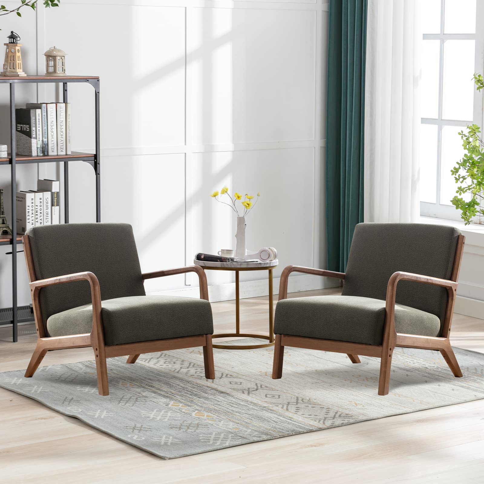 ANJHOME Mid Century Modern Accent Chairs Set of 2, Comfy Fabric Reading Chair with Solid Wood Frame, Easy Assembly Armchair for 