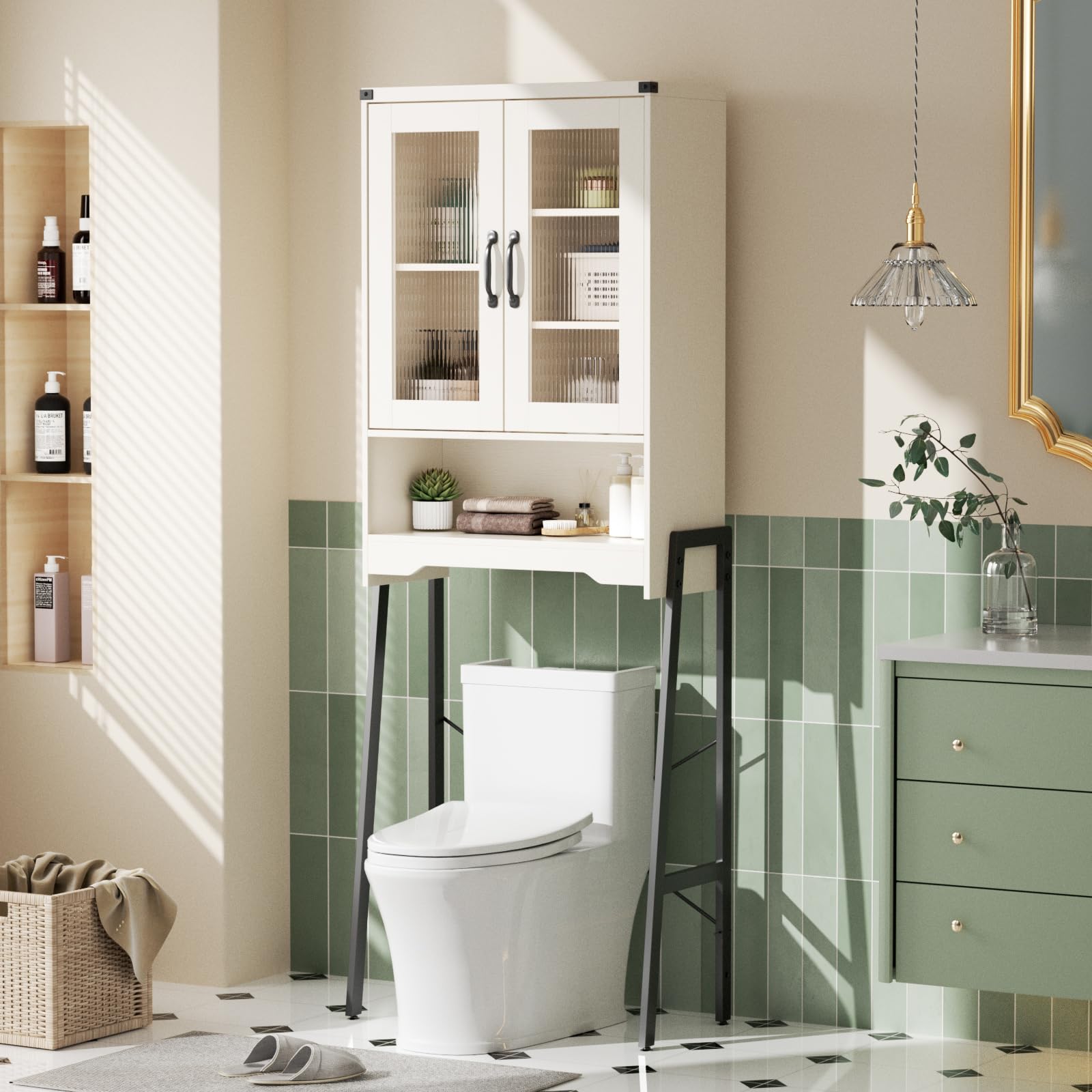 Over The Toilet Storage Cabinet with Tempered Glass Doors & Adjustable Shelf, Bathroom Organizers and Storage with Metal Stand S