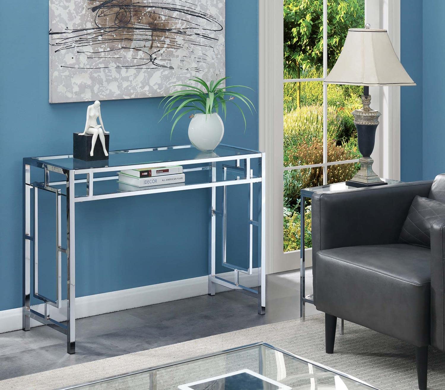 Convenience Concepts Town Square Chrome Desk With Shelf, Clear Glass / Chrome Frame