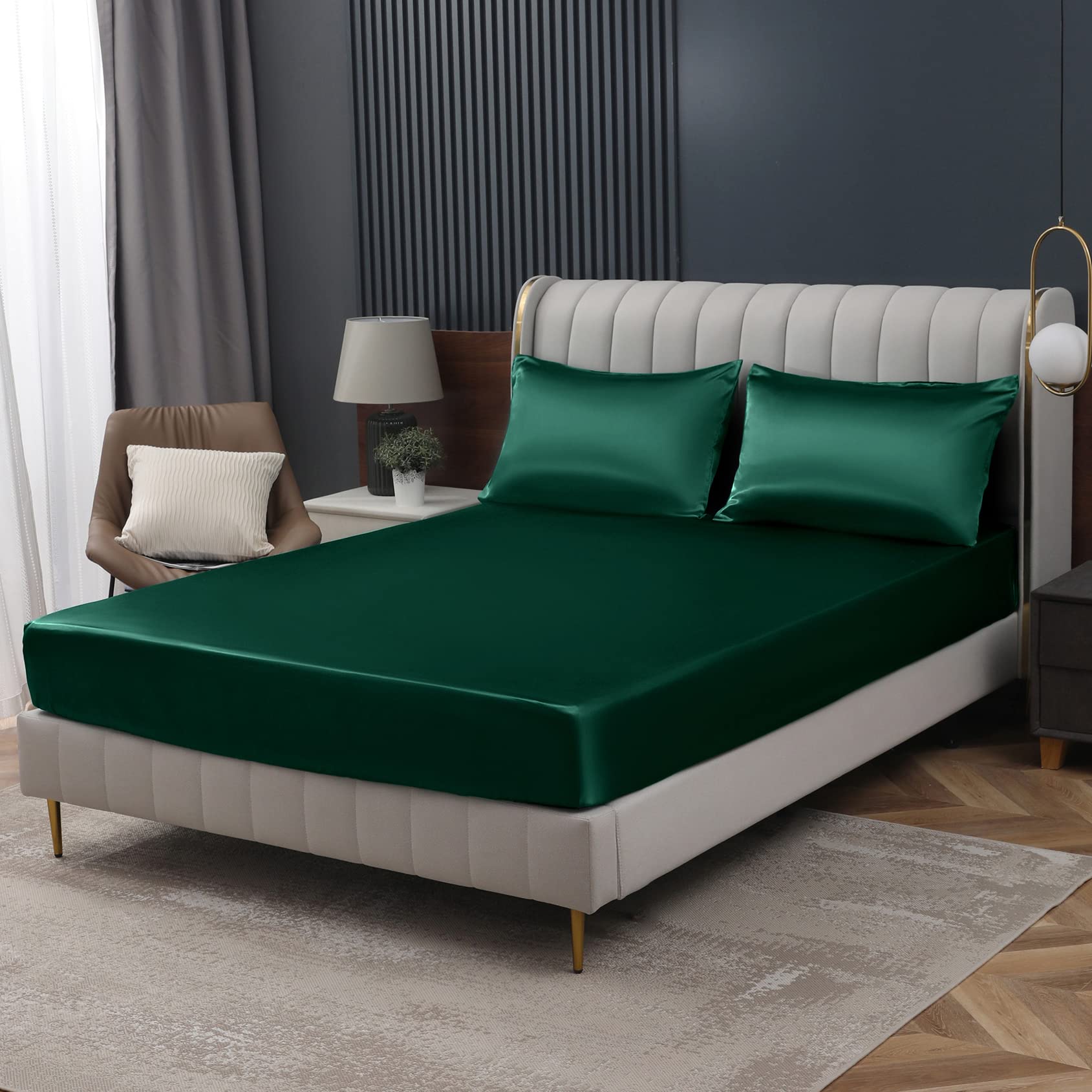 Homiest Blackish Green Satin Fitted Sheet Twin Size Fitted Bed Sheet, Deep Pocket Fitted Sheet Only, Luxury & Ultra Soft Bedding Fitted Sheet Single Bottom Bed Sheets Sold Separately
