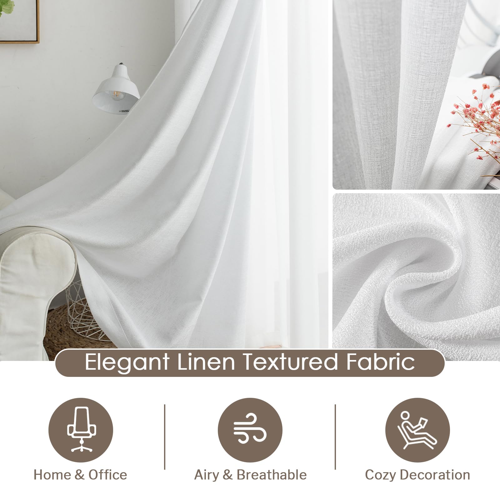 Melodieux White Semi Sheer Curtains 45 Inch Length For Bedroom Kitchen Small Windows, Linen Look Rod Pocket Privacy Sheer Drapes