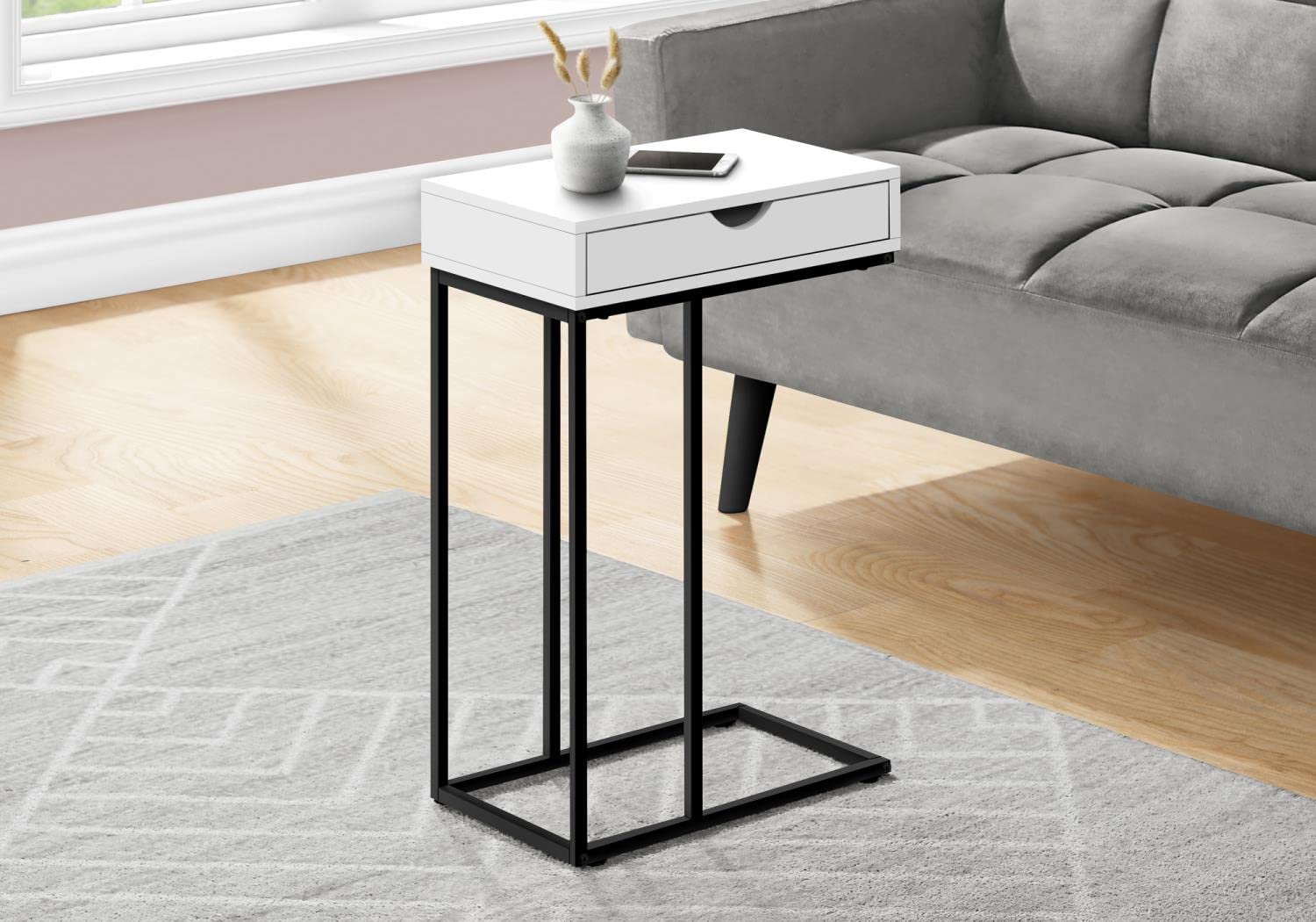Monarch Specialties I 3770 Accent Table, C-Shaped, End, Side, Snack, Storage Drawer, Living Room, Bedroom, Metal, Laminate, White, Black, Contemporary, Modern