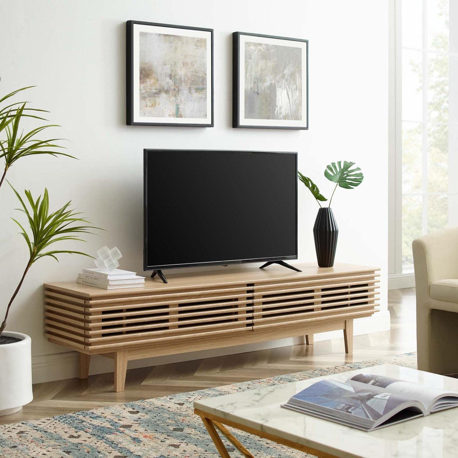 Modway Render Mid-Century Modern Low Profile 71 Inch TV Stand in Oak, 71&quot;