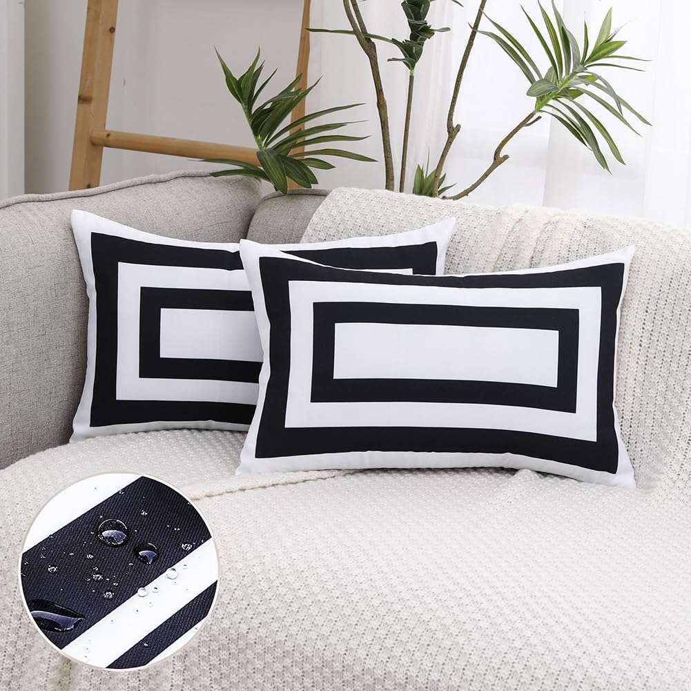 Jojogogo White Outdoor Lumbar Pillow Covers Waterproof 12X20 Set Of 2, White And Black Decorative Outdoor Waterproof Boho Pillow