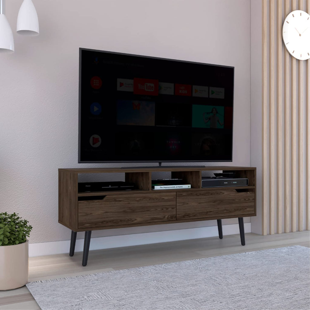 Kobe Tv Stand for Tv´S Up 52", 3 Open Shelves, 2 Flexible Drawers, Dark Walnut