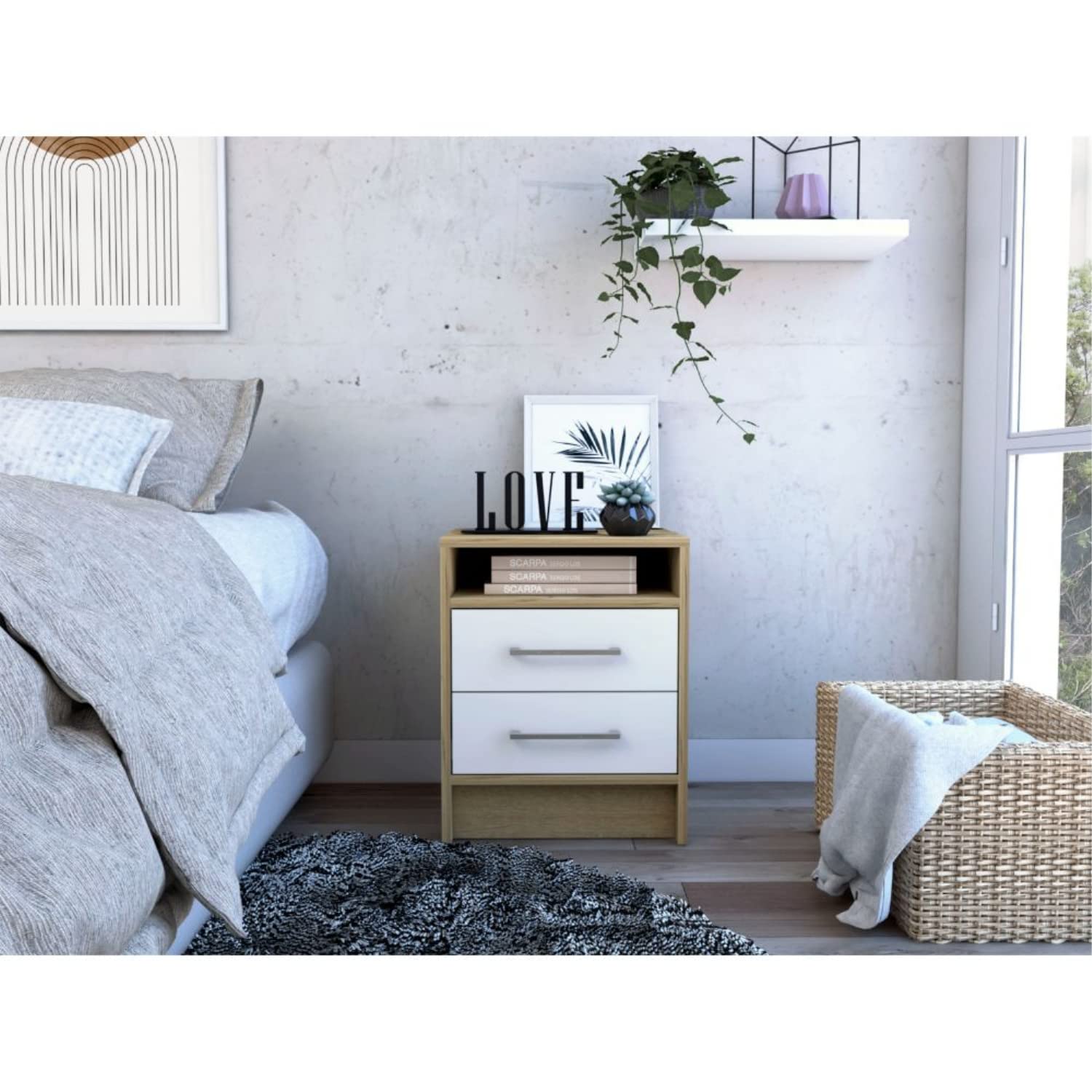 Nightstand 20&quot; H, 2 Drawers, Superior Top, Metal Handles, White/Light Oak