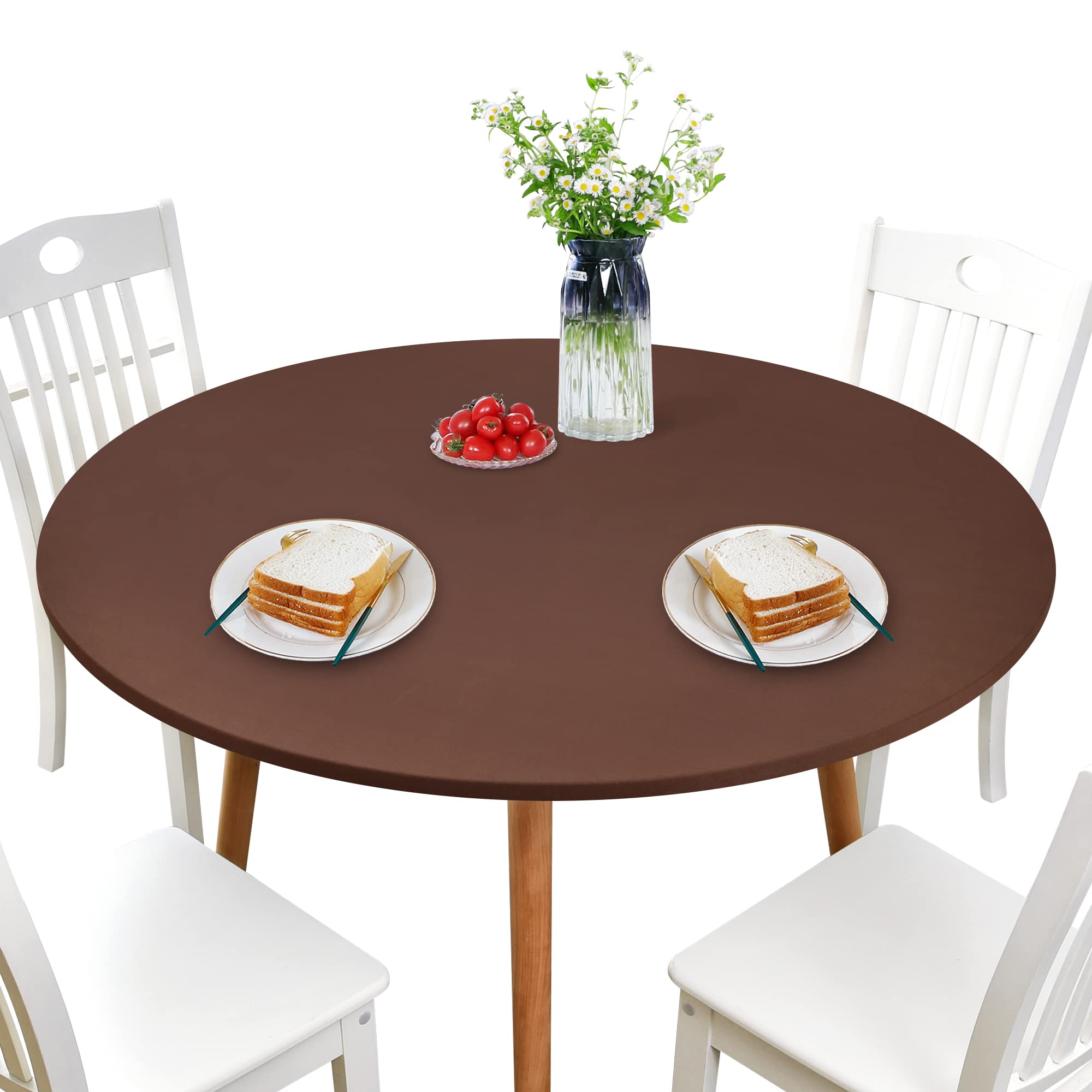Newisher Round Fitted Table Cover Spandex Stretch Tablecloth Brown Table Top Cover With Elastic Edged For Dining Picnic Patio 48 Inch