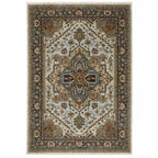 HomeRoots 508077 6 x 9 ft. Ivory Beige Blue Orange Gold Green Gray & Rust Oriental Power Loom Stain Resistant Rectangle Area Rug with Fringe
