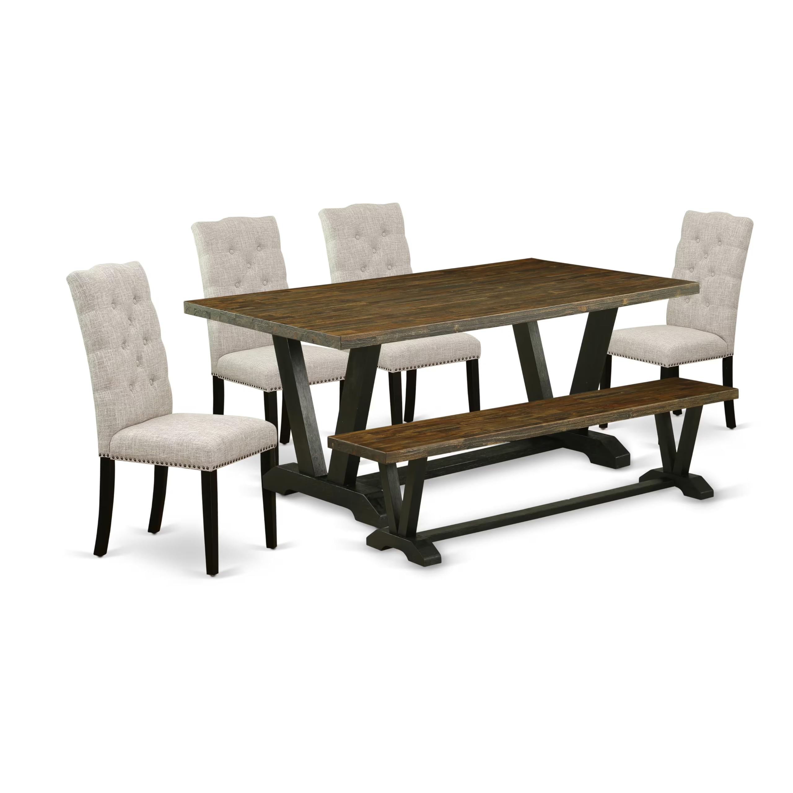 East West Furniture V677El635-6 6 Piece Dining Table Set Contains A Rectangle Kitchen Table With V-Legs And 4 Doeskin Linen Fabric Upholstered Chairs With A Bench, 40X72 Inch, Multi-Color