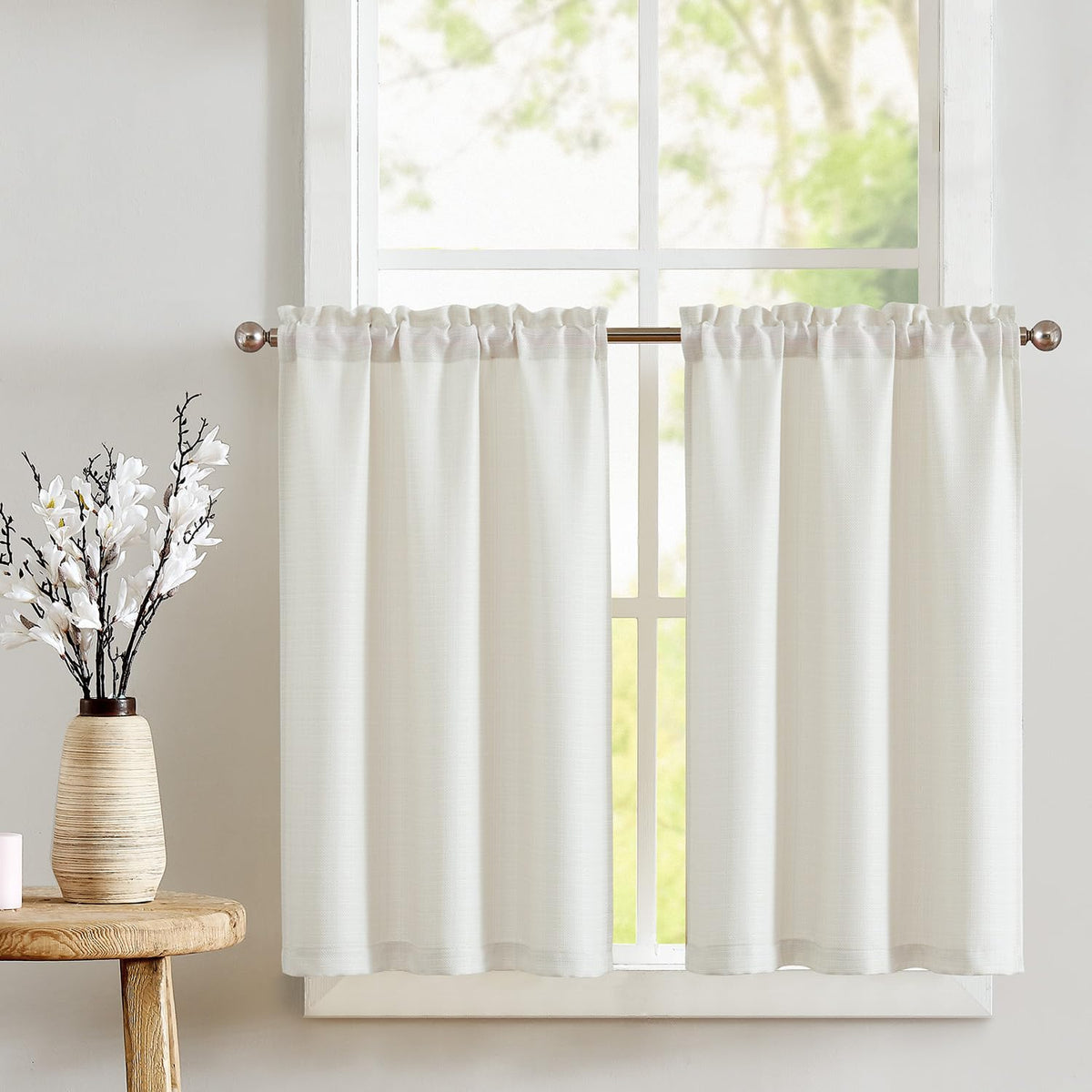 jinchan Ivory Kitchen Curtains 24 Inch Tier Curtains for Living Room Linen Textured Cafe Curtains for Bathroom Farmhouse Country