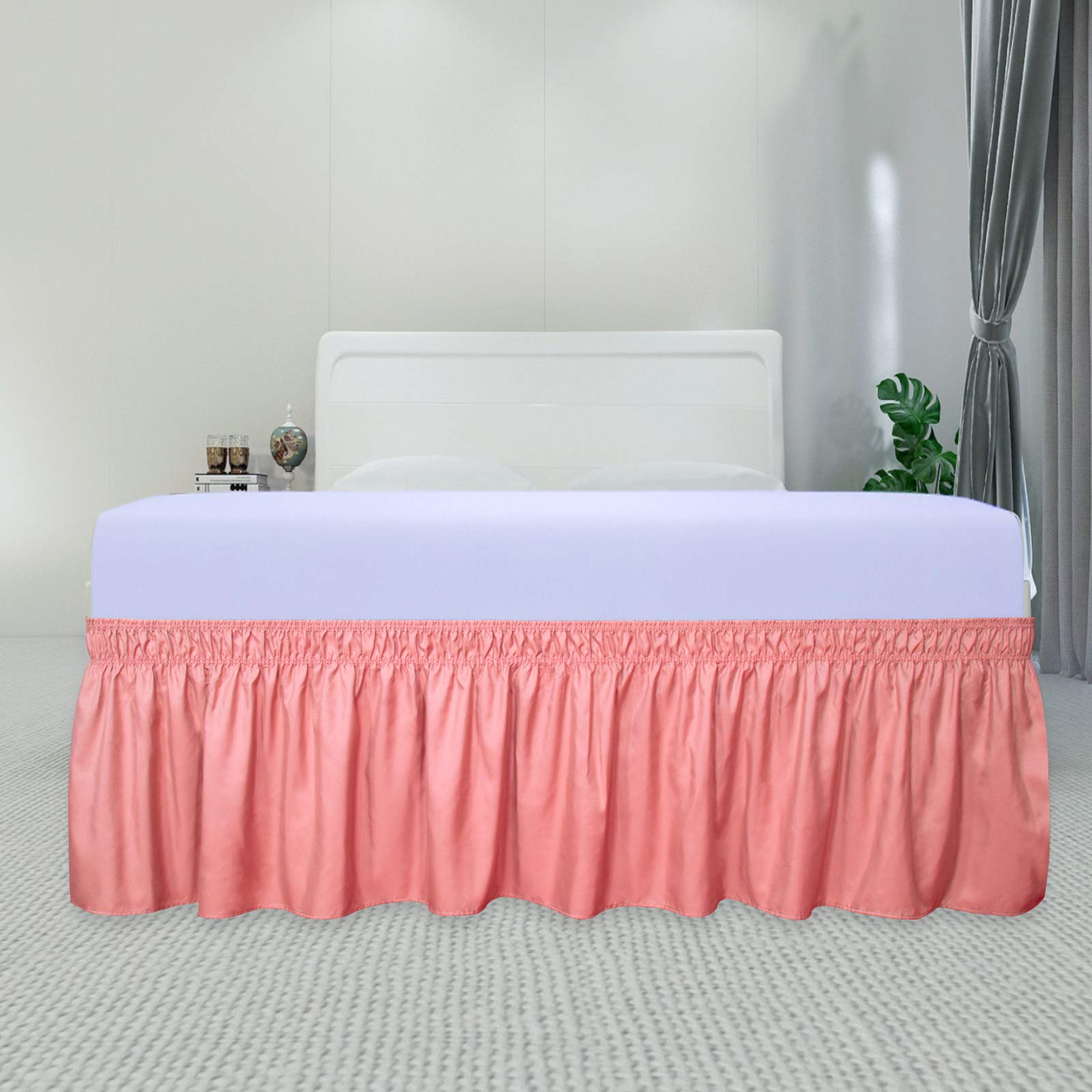 Purefit Wrap Around Ruffled Bed Skirt With Adjustable Elastic Belt - 14 Inch Drop Easy To Put On, Wrinkle Free Bedskirt Dust Ruffles, Bed Frame Cover For Twin,Twin Xl And Full Size Beds, Pink