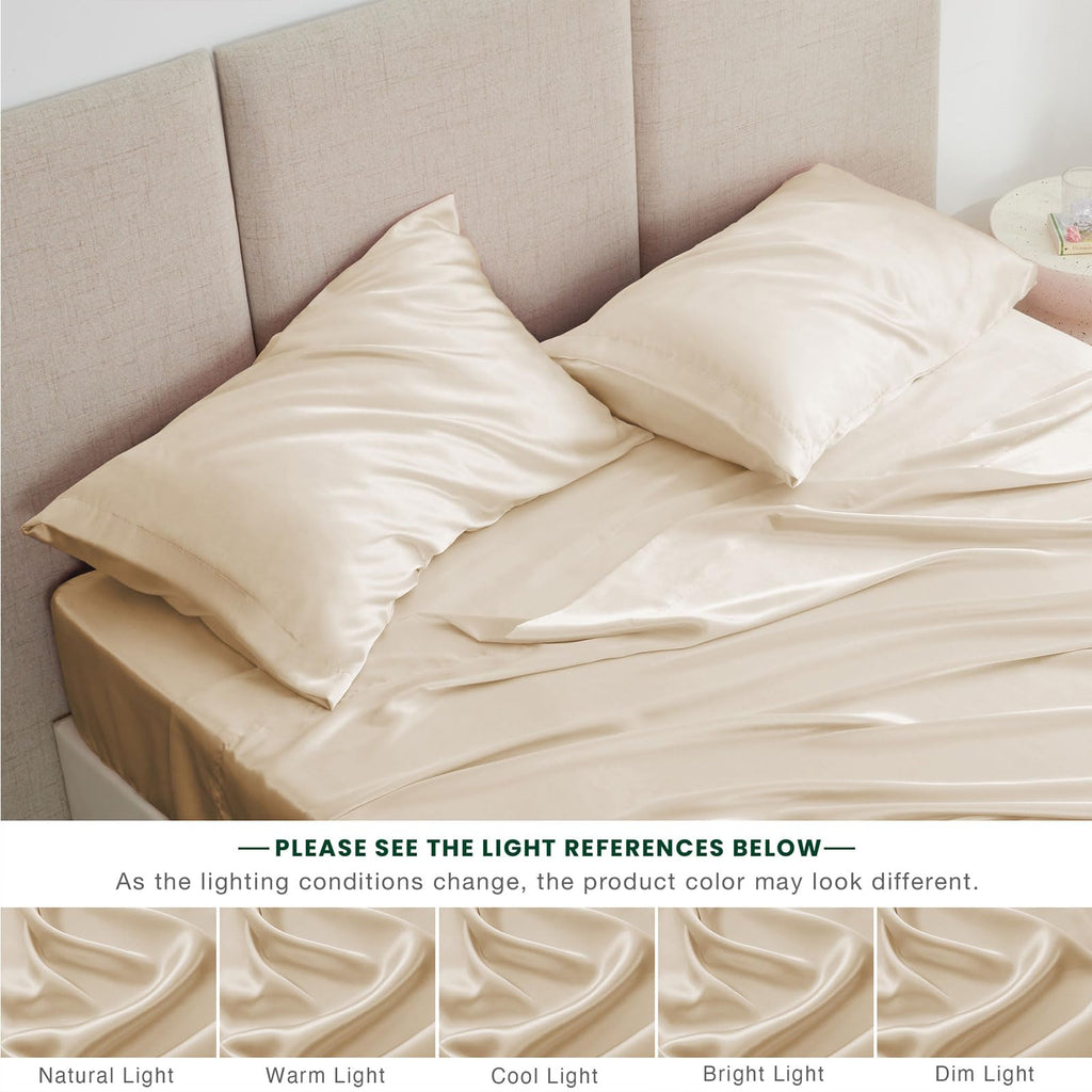 Love'S Cabin Full Size Satin Sheet Sets - 4 Piece Beige Silky Satin Sheet Set Full With Deep Pocket, Luxury Silk Feel Satin Bed Sheets Full Bedding Set (1 Flat Sheet,1 Fitted Sheet,2 Pillow Cases)