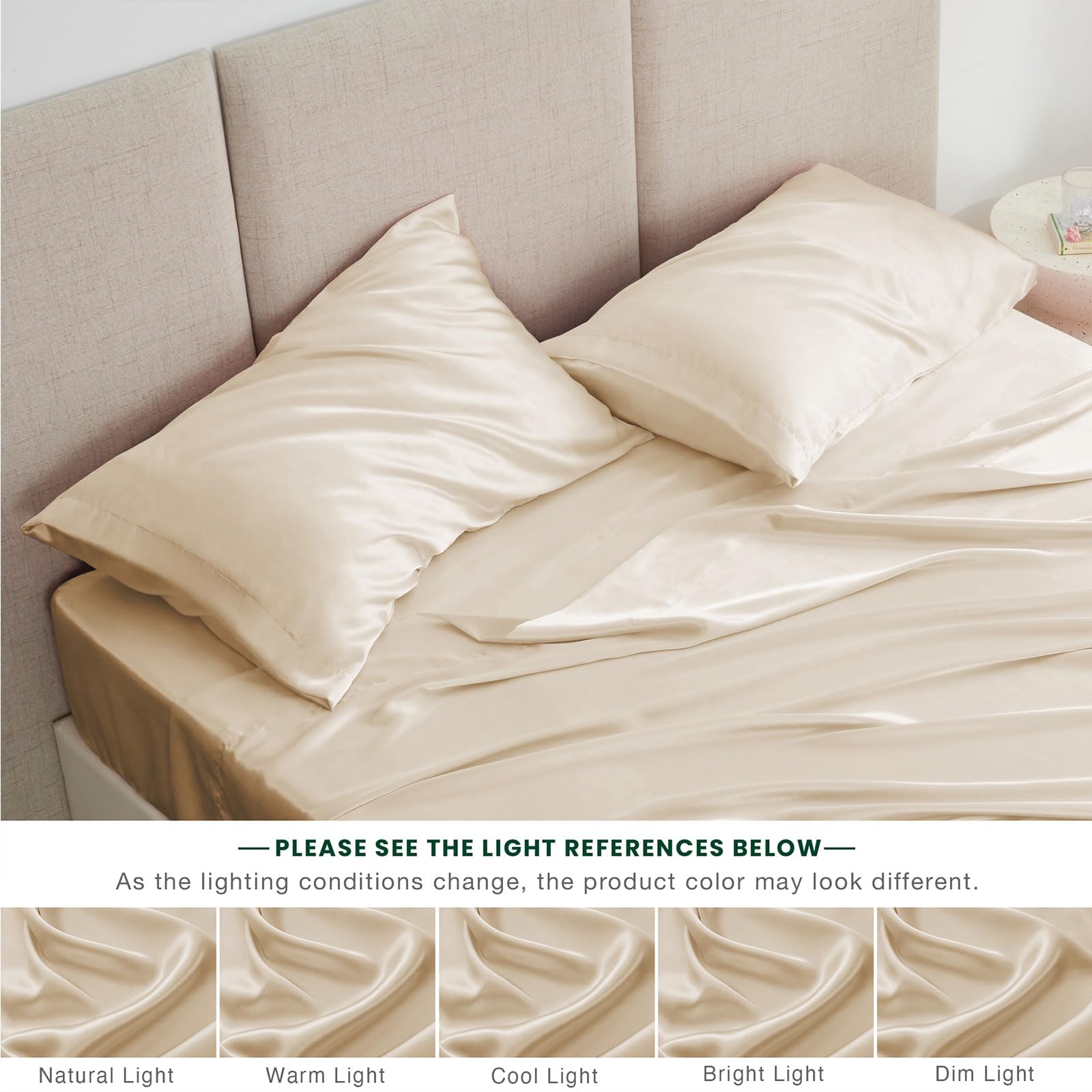 Love'S Cabin Full Size Satin Sheet Sets - 4 Piece Beige Silky Satin Sheet Set Full With Deep Pocket, Luxury Silk Feel Satin Bed Sheets Full Bedding Set (1 Flat Sheet,1 Fitted Sheet,2 Pillow Cases)